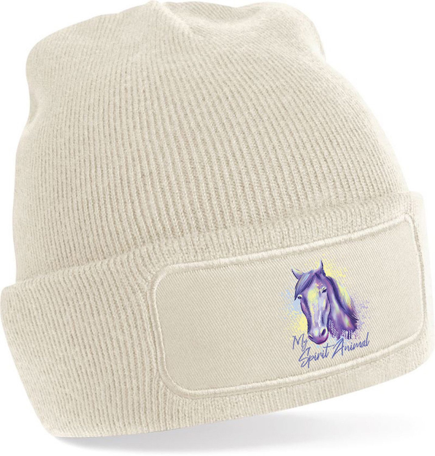 Strickmütze für kalte Tage - Beanie mit Umschlag und stylischem Pferde Print