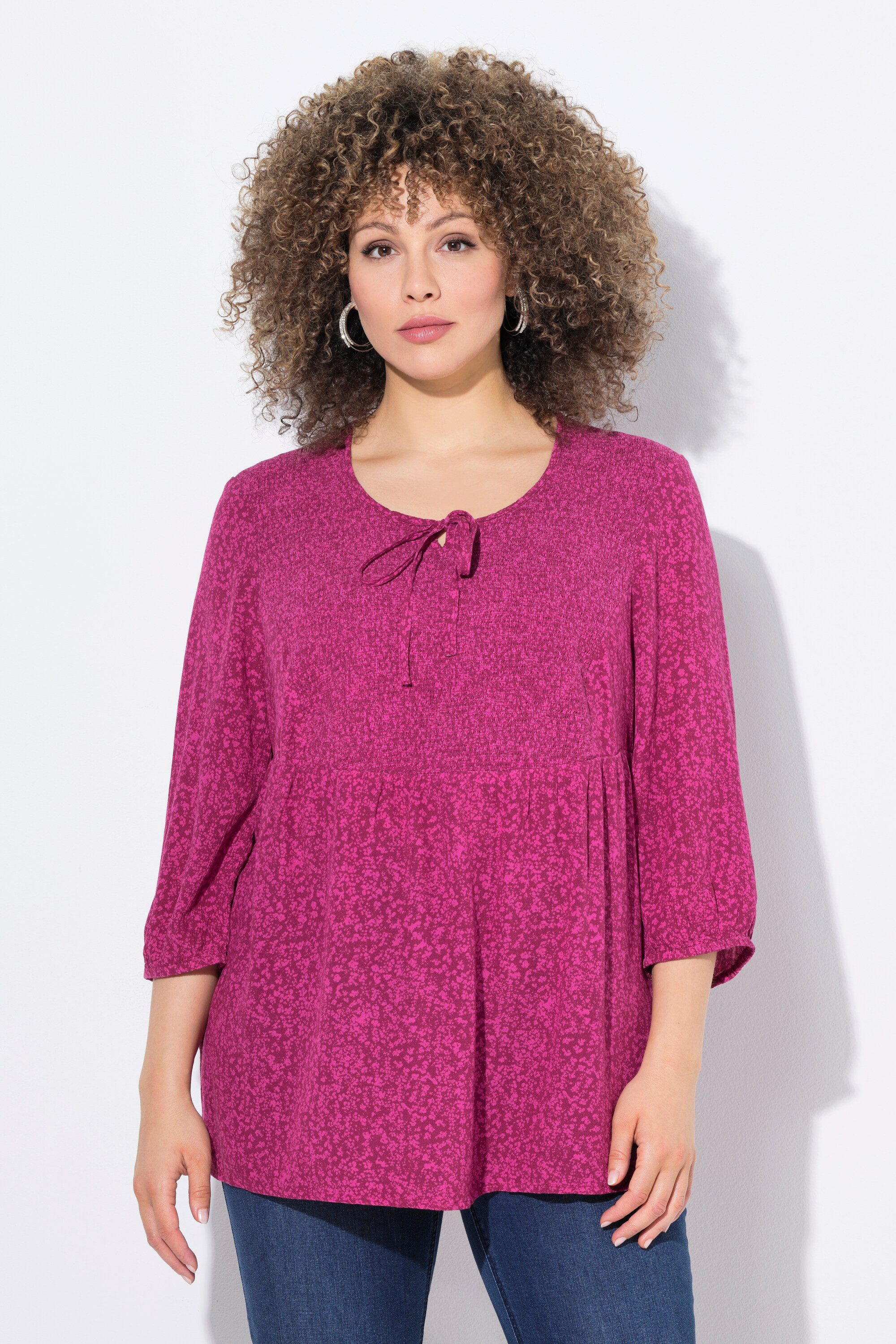 Ulla Popken Druckbluse Smokbluse Punkte A-Linie Rundhals 3/4-Arm günstig online kaufen