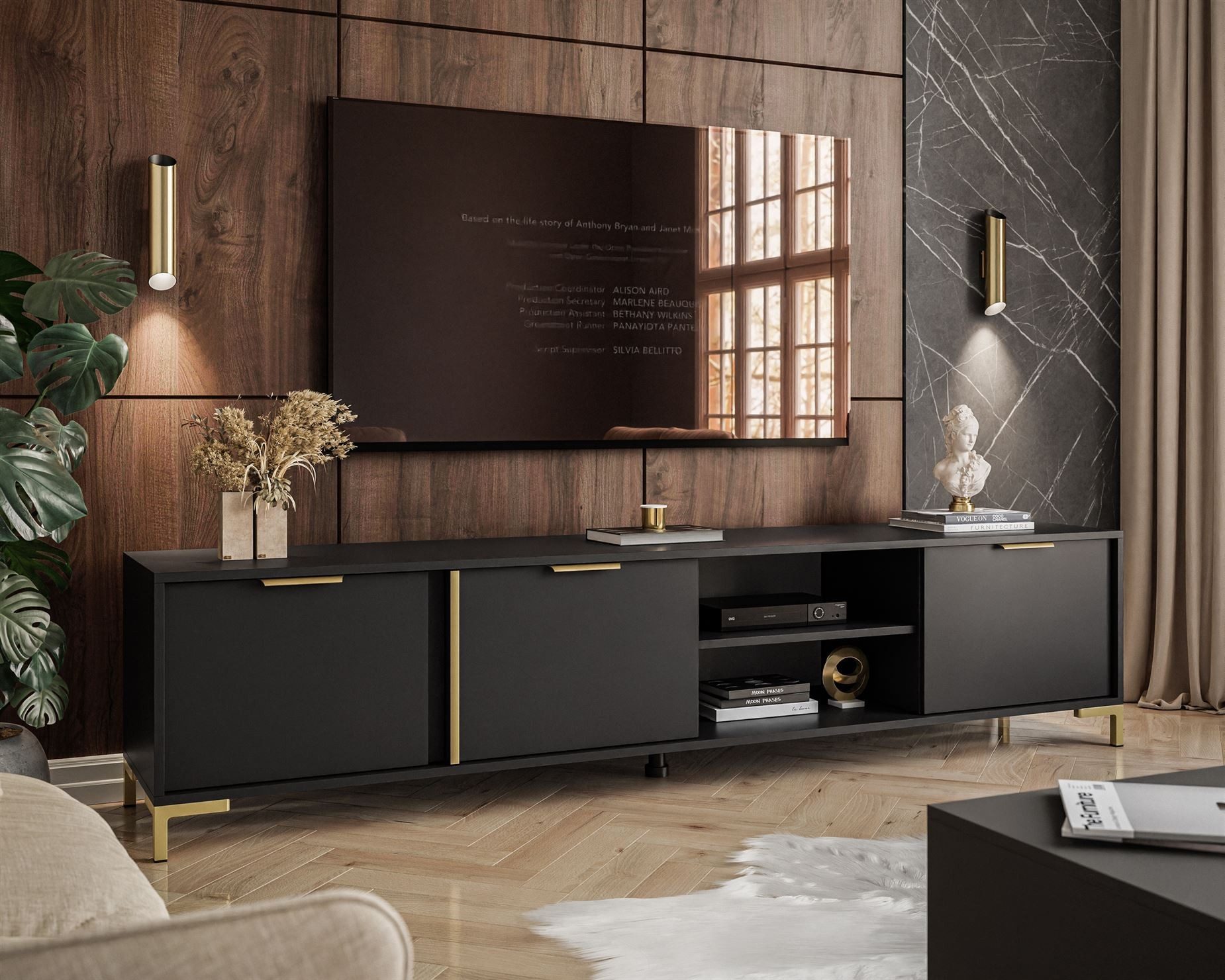 ALLHOUSE24 Lowboard LARA II 203 cm Breite Anthrazit mit goldenen Griffen TV Schrank (1x TV Schrank), Breite 203 cm