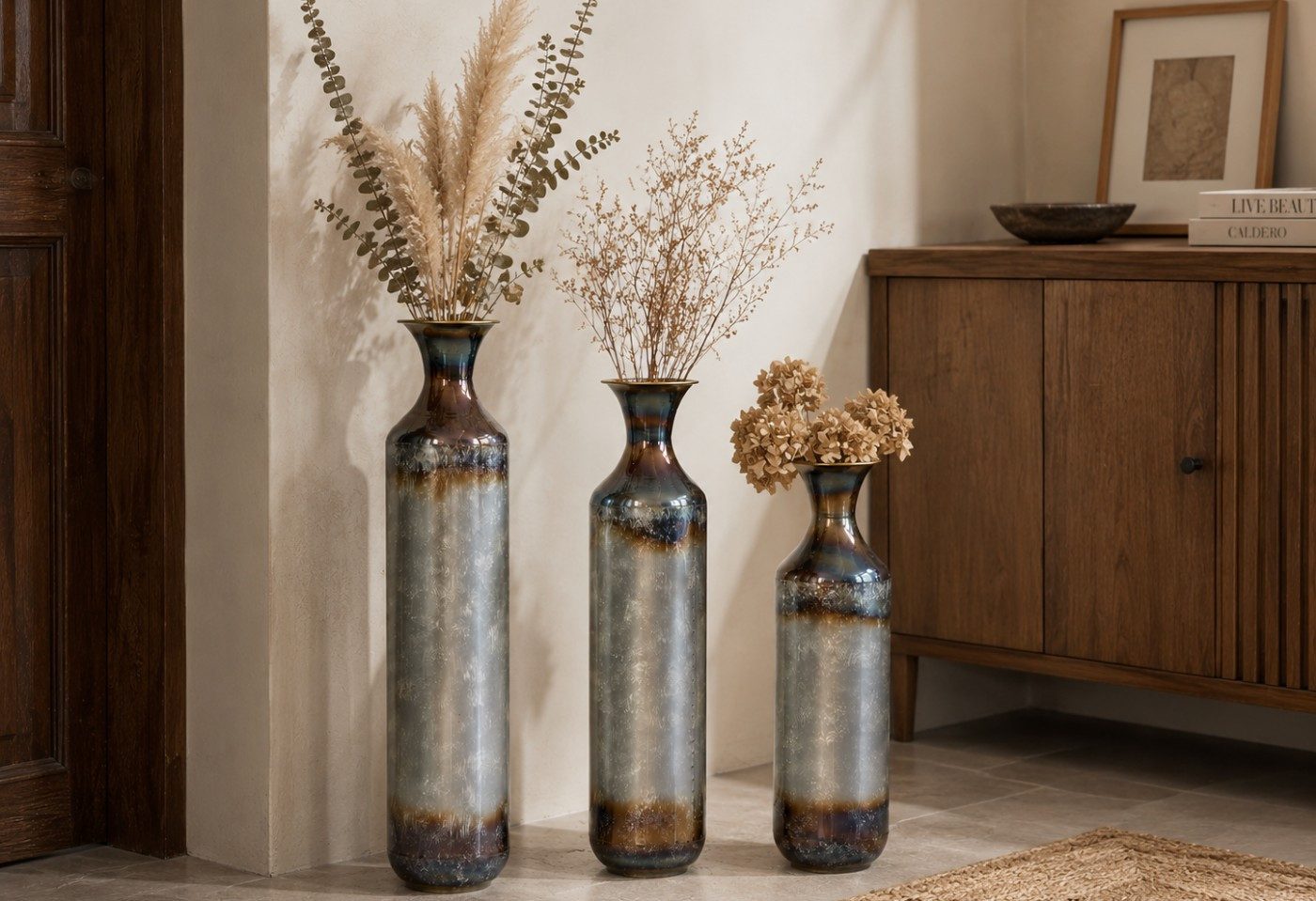 LVHOM Dekovase Bodenvase, Tischvase, 3 tlg. Geometrisches Metall-Vasen-Set, Glasur (drei Höhen (52 cm, 62 cm, 72 cm), Handgefertigt aus Metall. Langlebig & makellos. Exklusiv für Trockenblumen/Pampas & Stil, Ideal als Raumteiler, Pflanzübertopf, Solitärobjekt kreativ gestapelt)