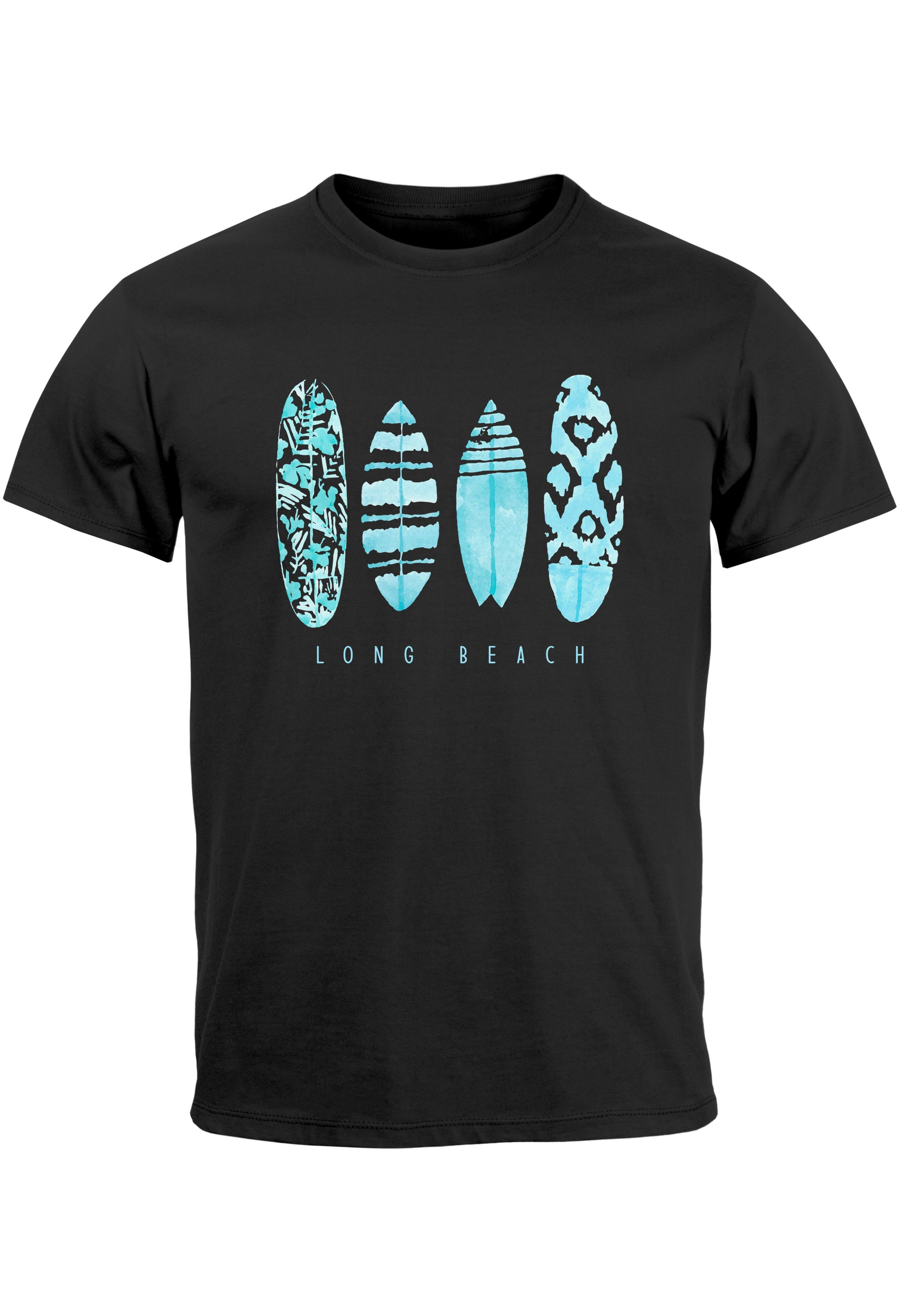 Neverless Print-Shirt Herren T-Shirt Surfing Fashion Aufdruck Long Beach Surfboard Sommer St mit Print schwarz-türkis