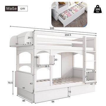 Flieks Etagenbett, Kinderbett mit klappbarem Schreibtisch, Regal, 2 Schubladen 90x200cm