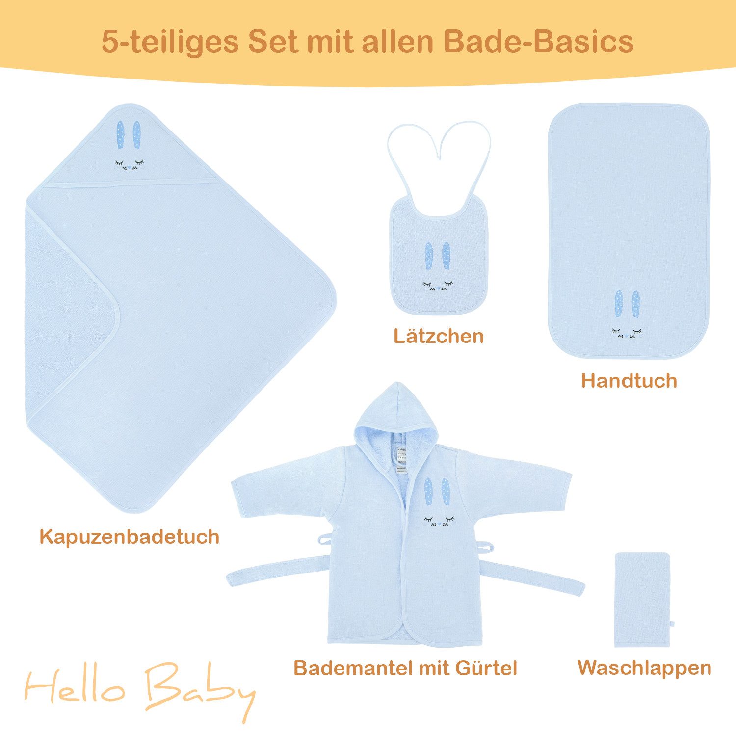 celodoro Babybademantel Baby Bade Geschenk Set 5-teilig, Baumwolle