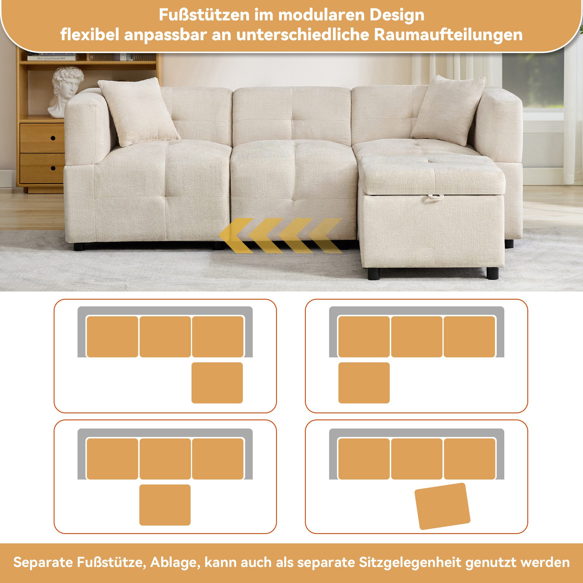 Merax 3-Sitzer Sofa Ecksofa mit abnehmbarem Fußhocker mit Stauraum, 204x126x69cm 1 Teile, L-förmiges Sofa aus Chenille,Modulares Couch mit Rückenlehne, 2 Kissen – Bild 5 von 5