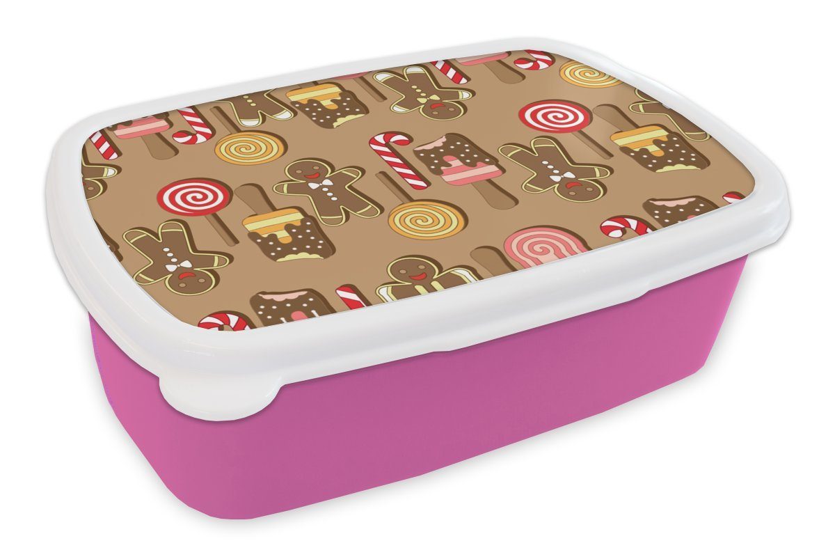 MuchoWow Lunchbox Weihnachten - Plätzchen - Süßigkeiten - Muster, Kunststoff, (2-tlg), Brotbox für Erwachsene, Brotdose Kinder, Snackbox, Mädchen, Kunststoff rosa