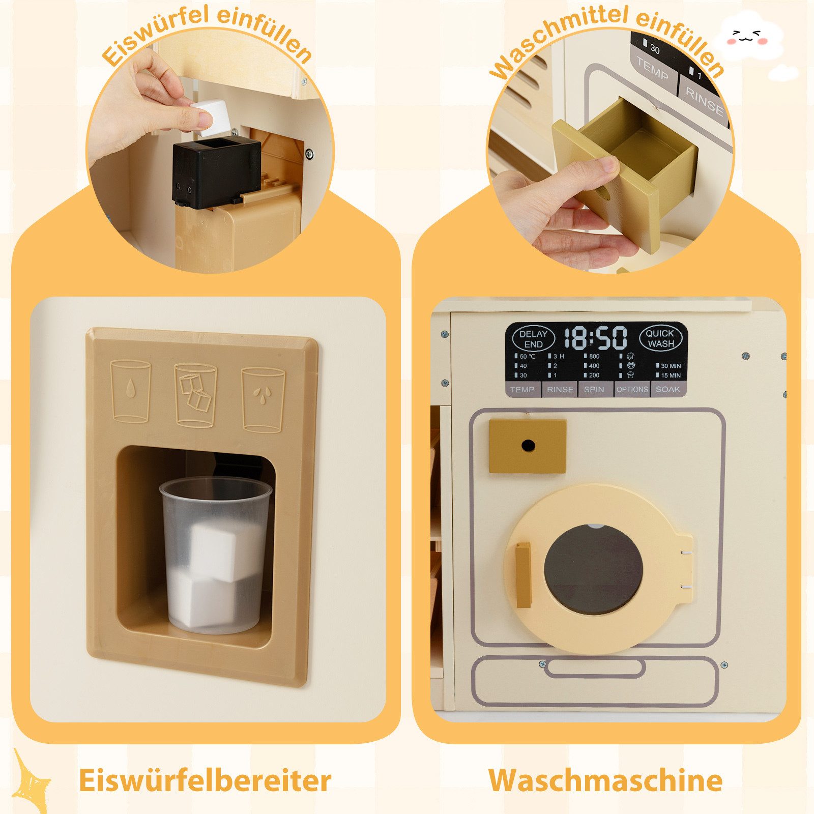 COSTWAY Spielküche Holz, Eck-Spielküche mit Doppeltür-Kühlschrank, Mikrowelle