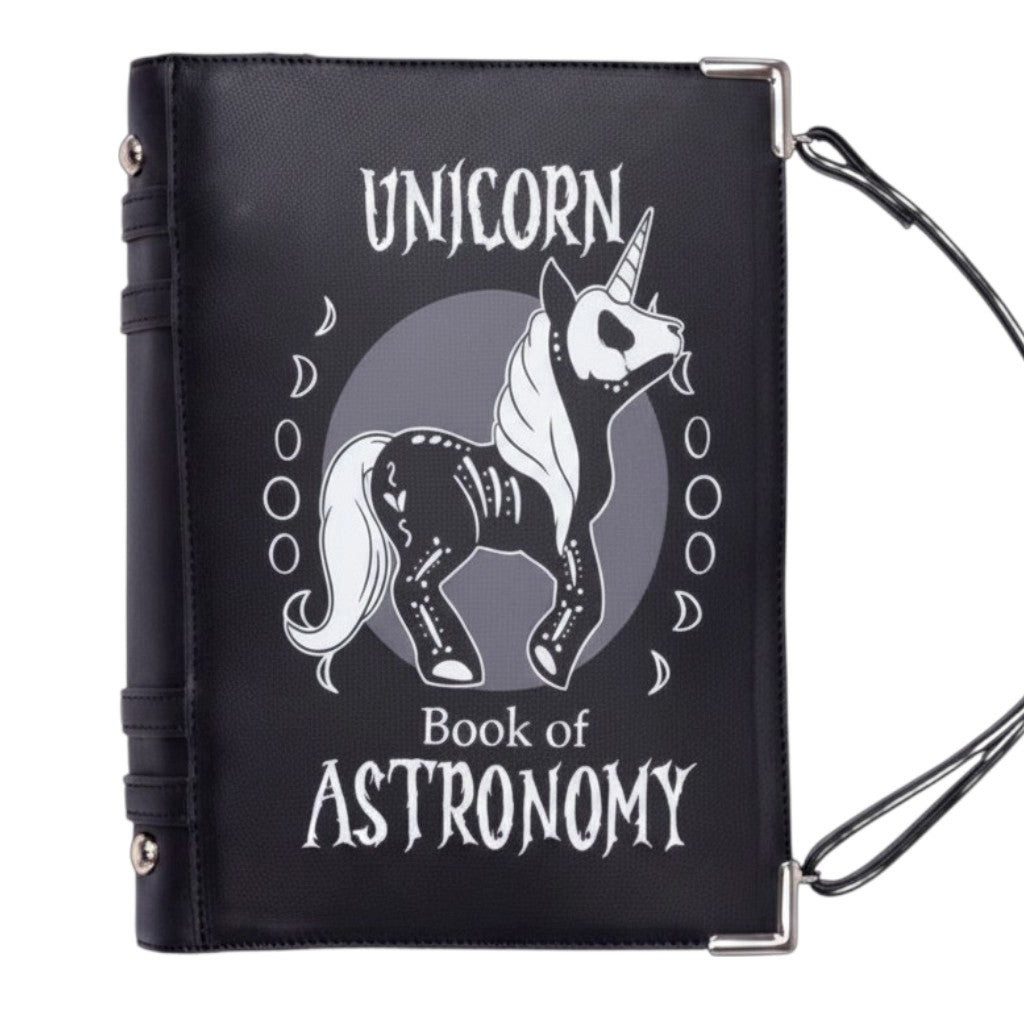 Dark-Desires Schultertasche Anime Einhorn-Tasche "Unicorn Astronomy Book" Cupcake Cult Gothic, Buchfömige Gothic-Umhängetasche mit Einhorn-Skelett-Print
