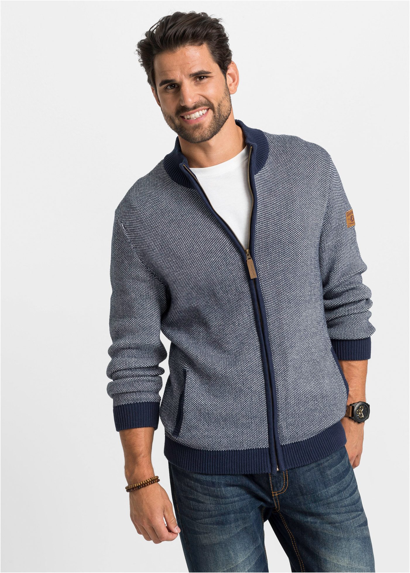 bonprix Strickjacke mit Stehkragen, Regular Fit, unifarben, aus Baumwolle, casual Stil