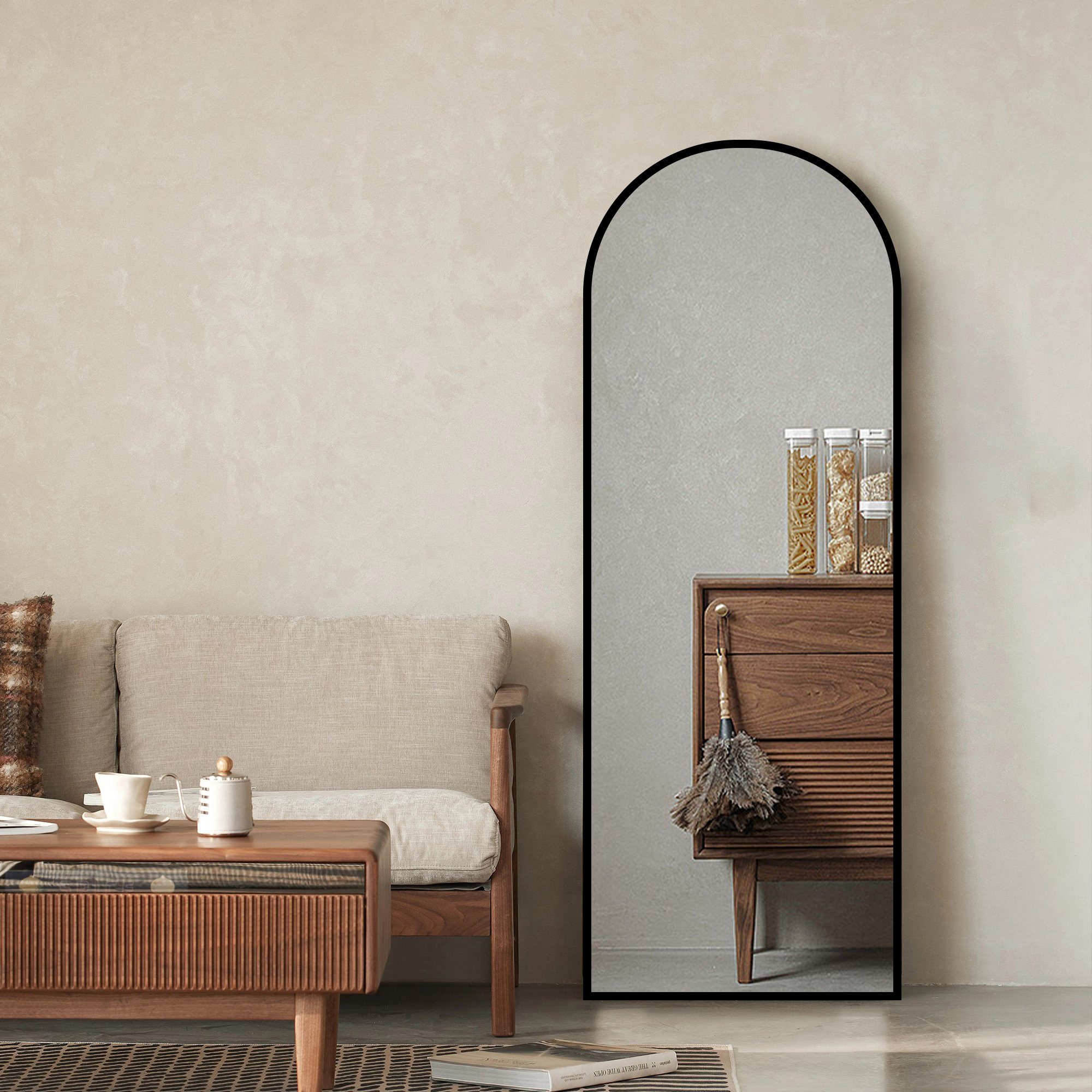 Boromal Standspiegel Ganzkörperspiegel Schwarz 150x50 mit Alurahmen (Spiegel groß, Rundbogen, 5mm HD Glas), 2 Installationsmethoden
