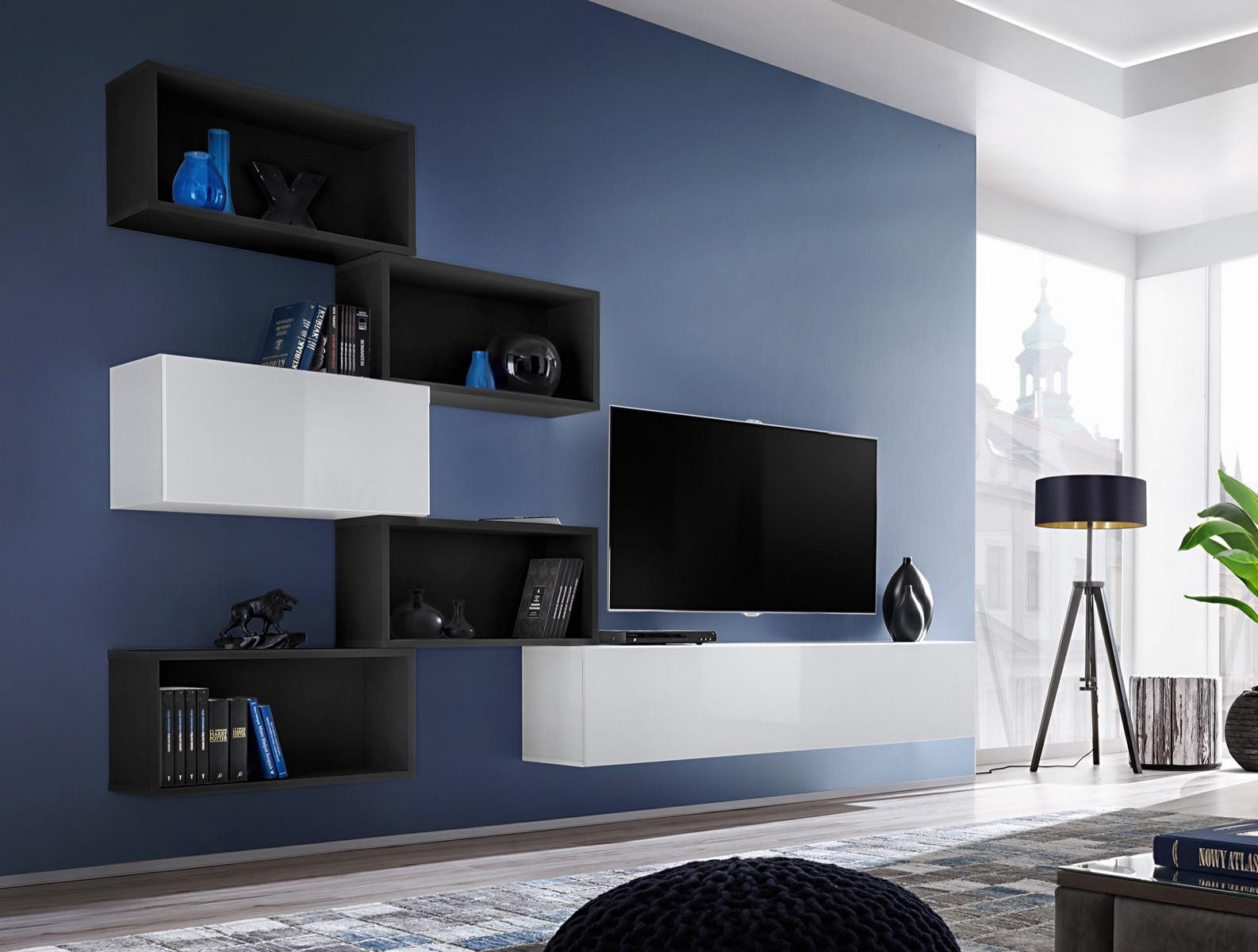 JVmoebel Wohnwand Schwarze Designer Wohnwand aus Holz für modernes Wohnzimmer, Made in Europa