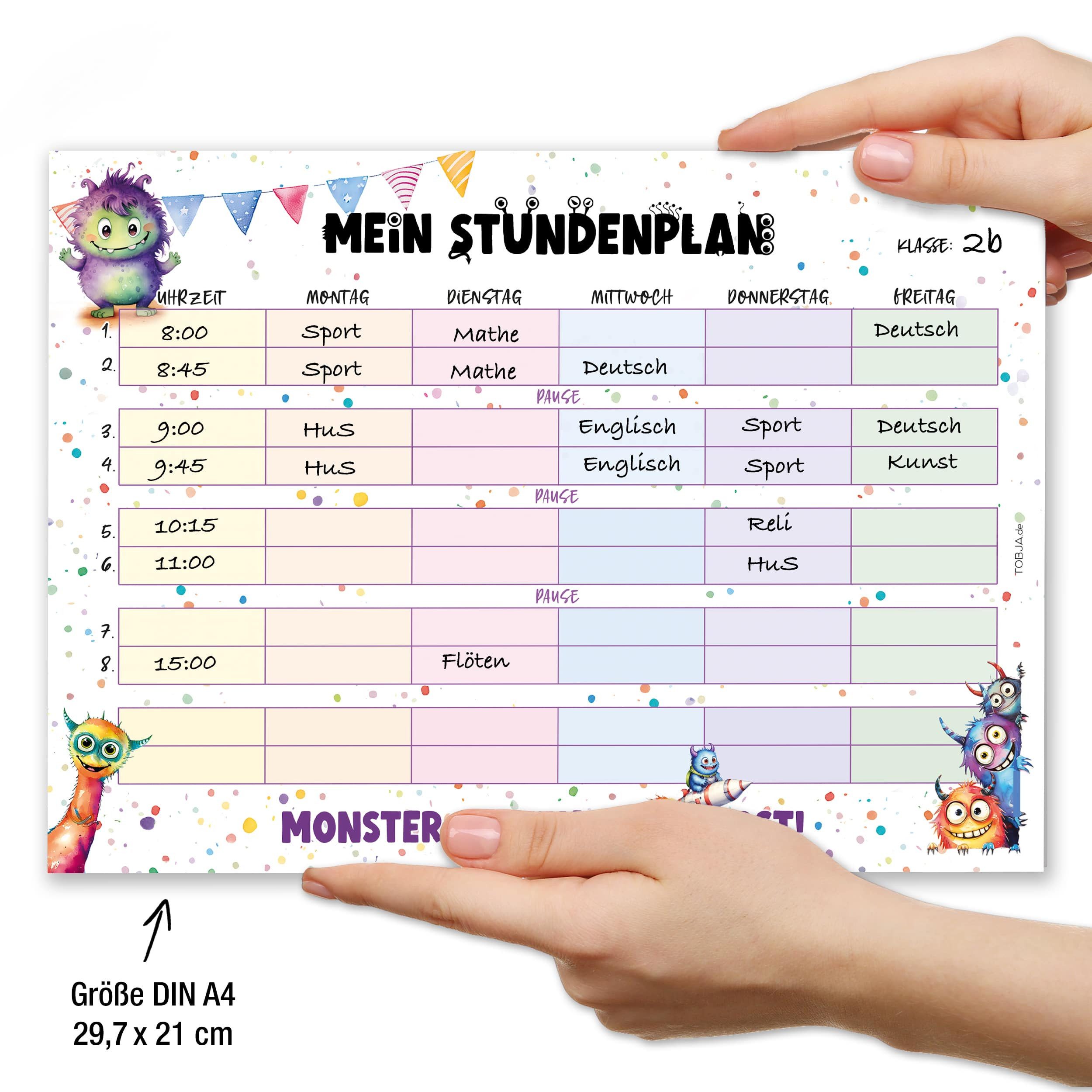 TOBJA Wandkalender Stundenplan Monster- Block 25 Seiten, Stundenplan 1. Klasse, Füllung Schultüte Mädchen