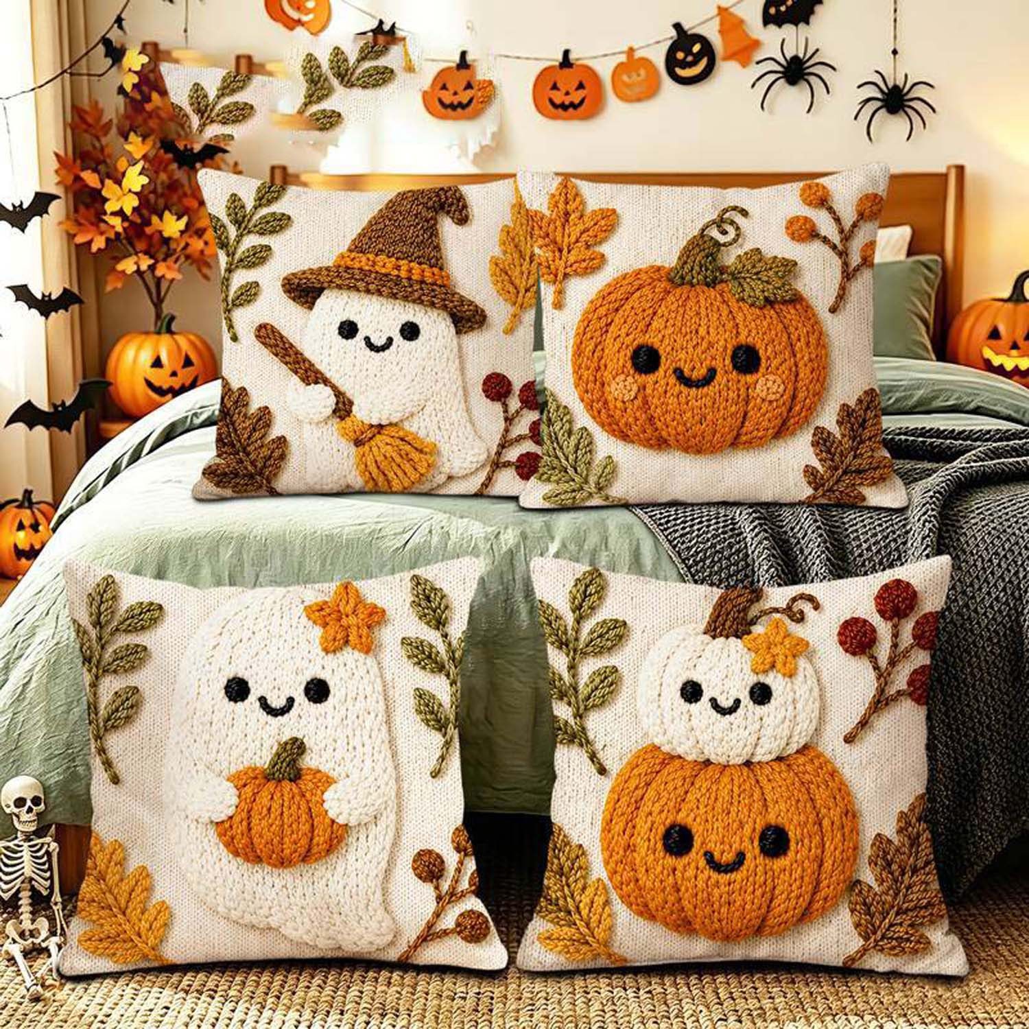 Bomiclss Kissenhüllen 4er-Set 2D Flachdruck Herbst Cartoon Halloween Kissenbezüge – Bild 2 von 5