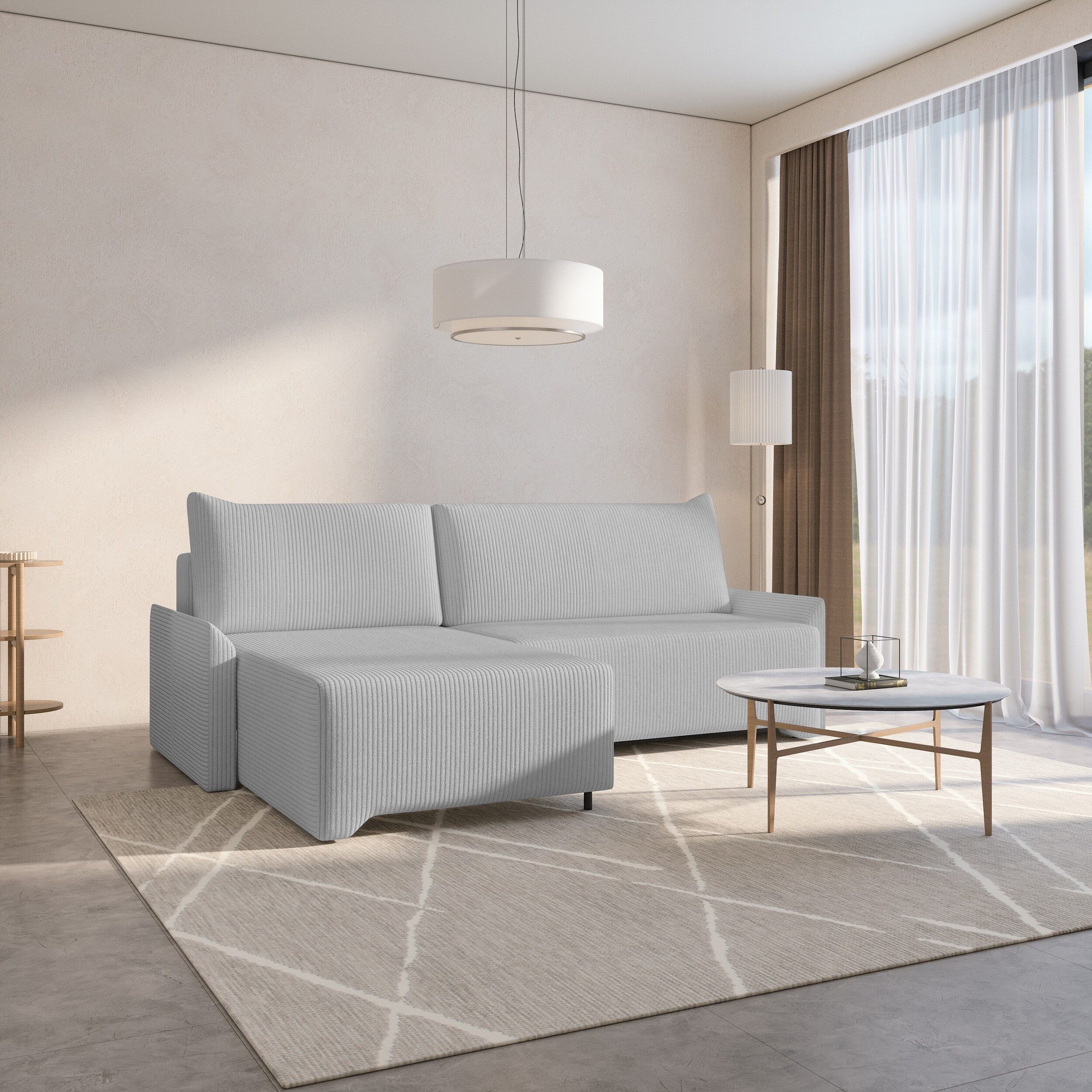 MOEBLO Ecksofa ROCKY, – Cordstoff Sofa in L-Form – Schlafsofa mit Schlaffunktion & Bettkasten – Eckcouch mit Ottomane – Polsterecke für Wohnzimmer – Sofagarnitur Eckgarnitur links oder rechts montierbar, (BxHxT):245x83x174 cm