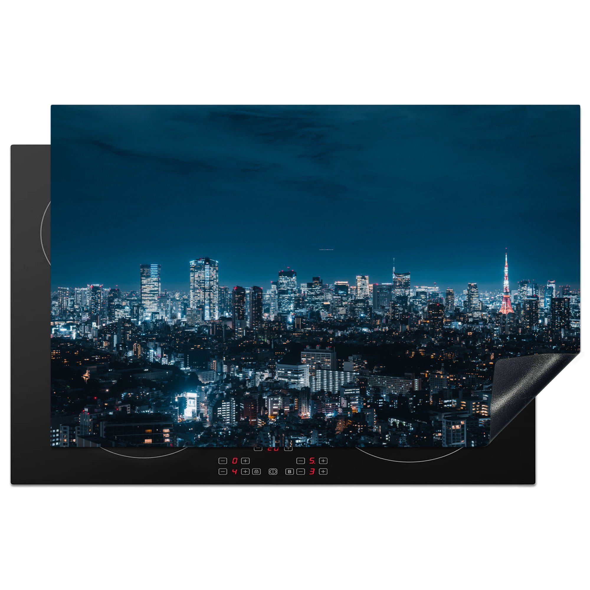 MuchoWow Herdblende-/Abdeckplatte Die Stadt Tokio, Japan, bei Nacht mit dem Tokio Tower, Vinyl, (1 tlg), 81x52 cm, Induktionskochfeld Schutz für die küche, Ceranfeldabdeckung
