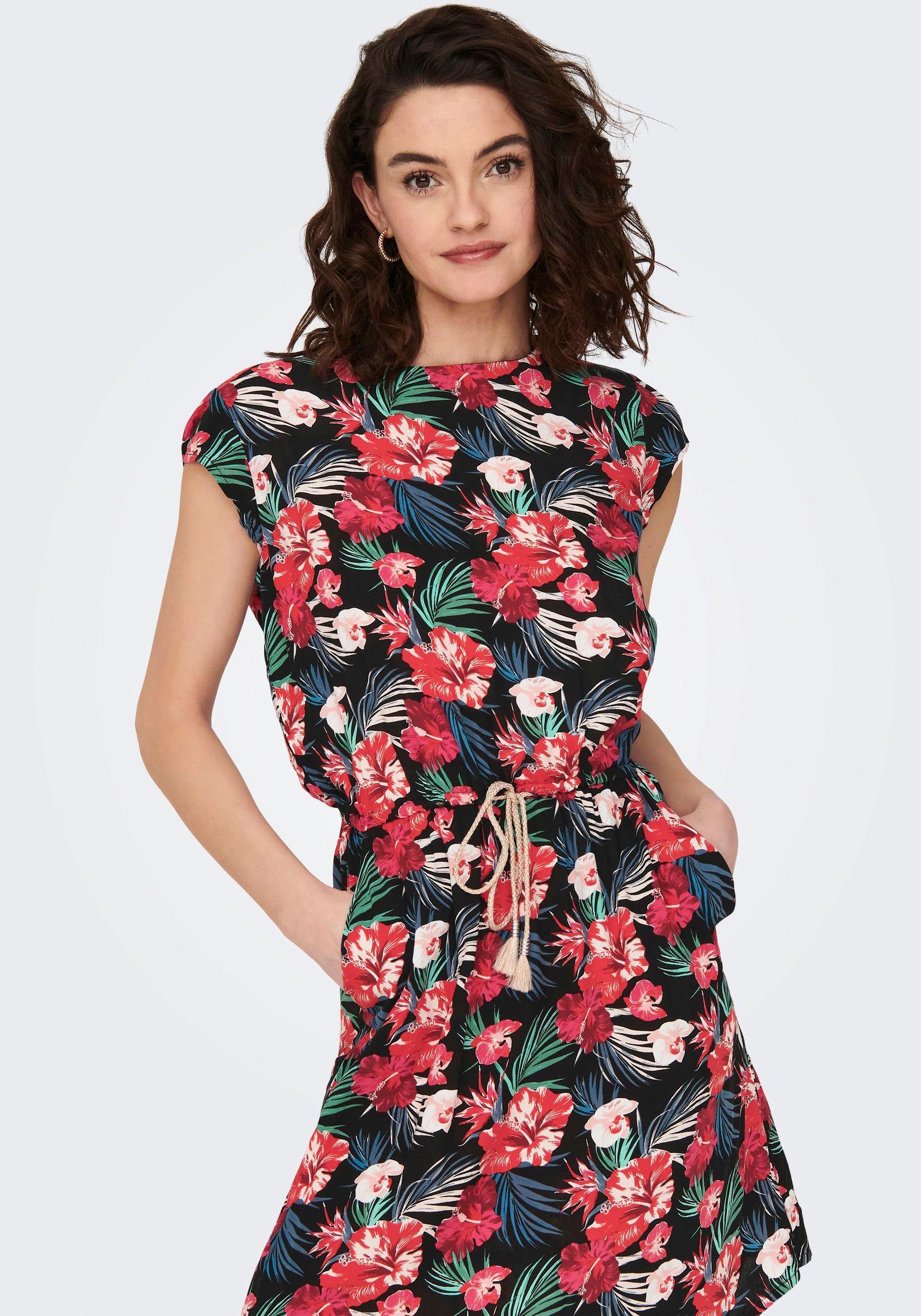 AOP:Tropical LIFE ONLYASMIN DRESS Minikleid PTM Black ONLY CAPSLEEVE