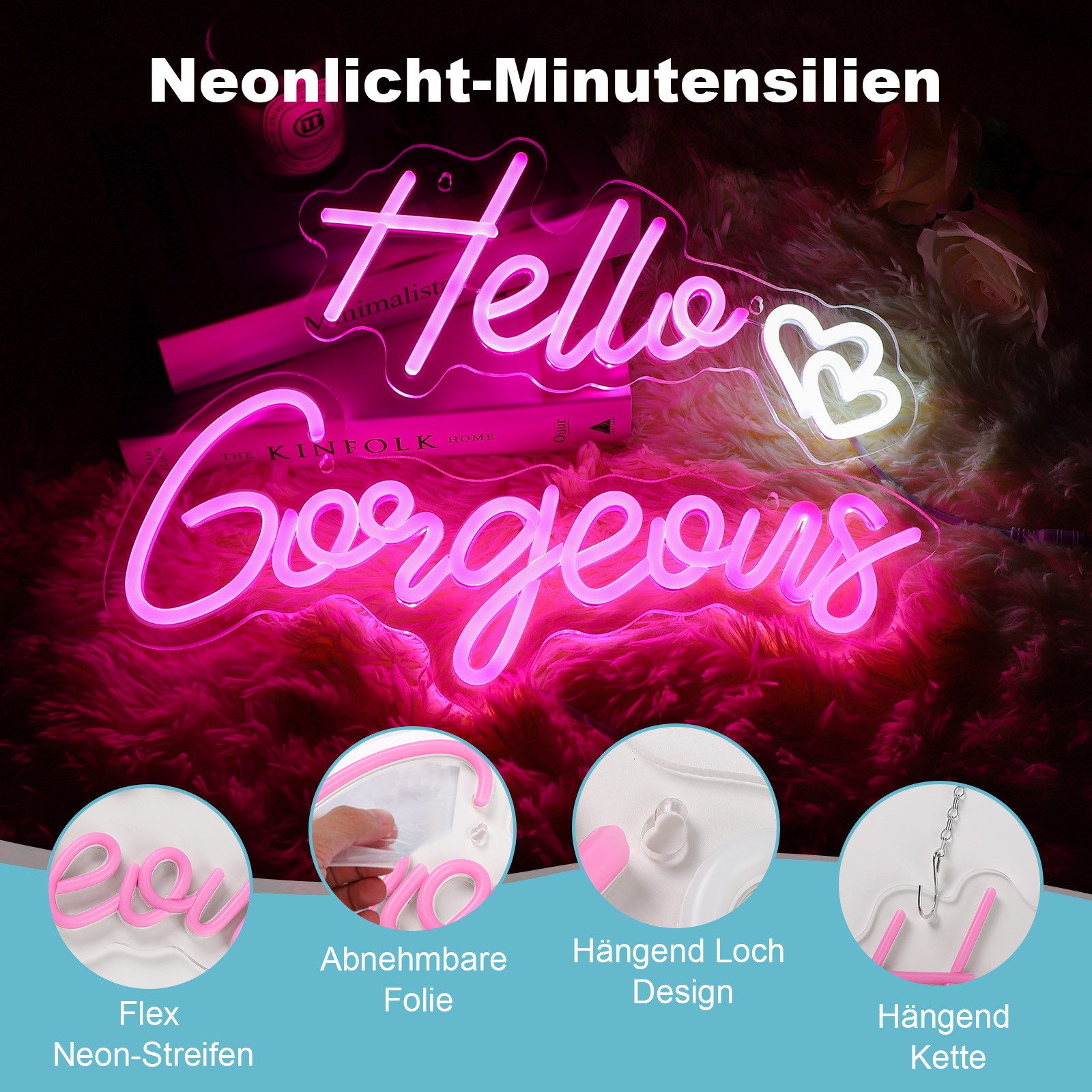 JIBENNEON LED Lichtleiste Neon Deko Hello Gorgeous USB mit Ein/Aus-Schalter Neon Lampe, 2-teiliges Set, LED Dekolicht Acrylrückwand für Party Deko, Wandleuchten