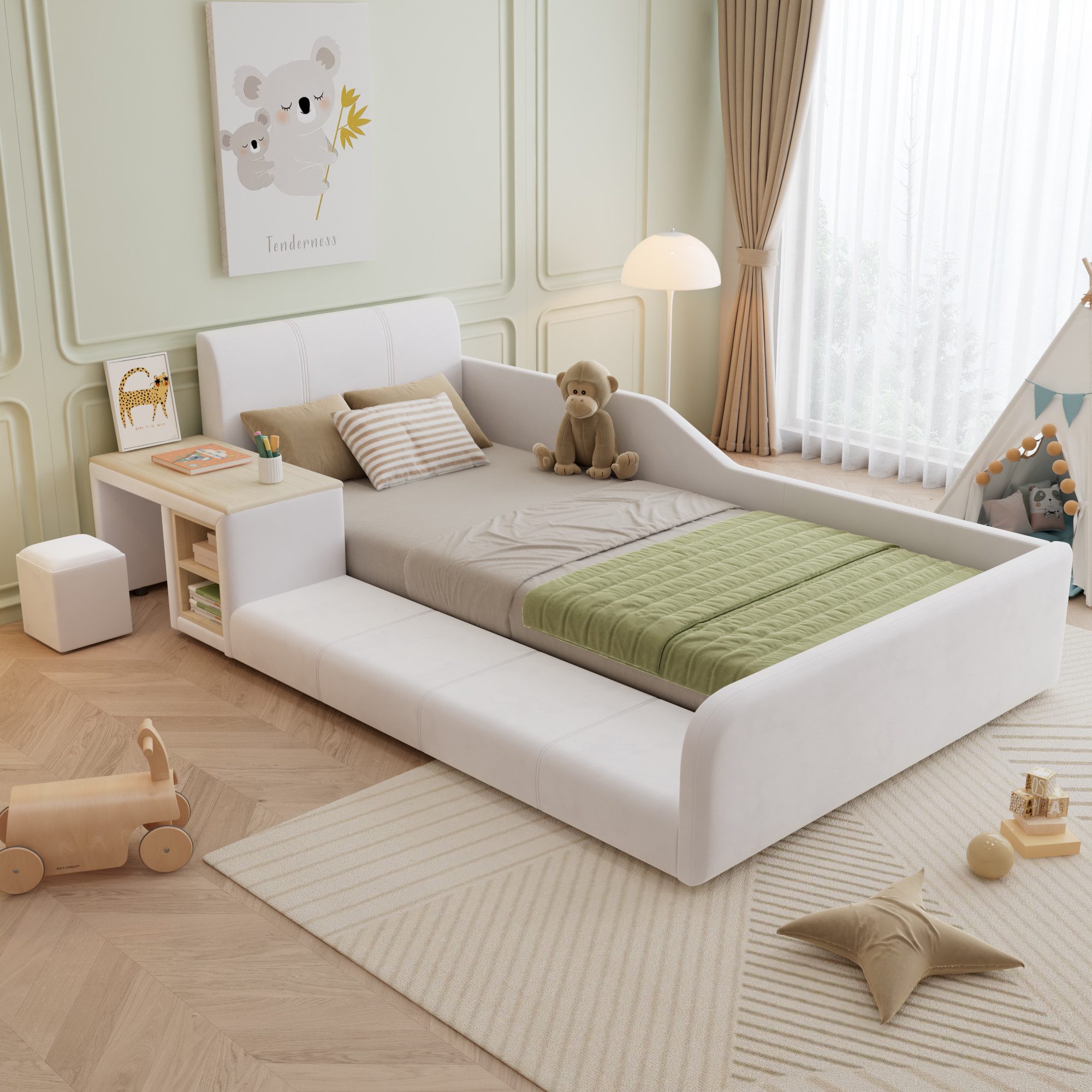 REDOM Polsterbett Kinderbett mit Schreibtisch und Hocker (90x200 cm Samt, Weiches Kopfteil, Robuste Holzlatten, Inklusive Ablageboden, Ideal für Schlafzimmer & Jugendzimmer), ohne Matratze