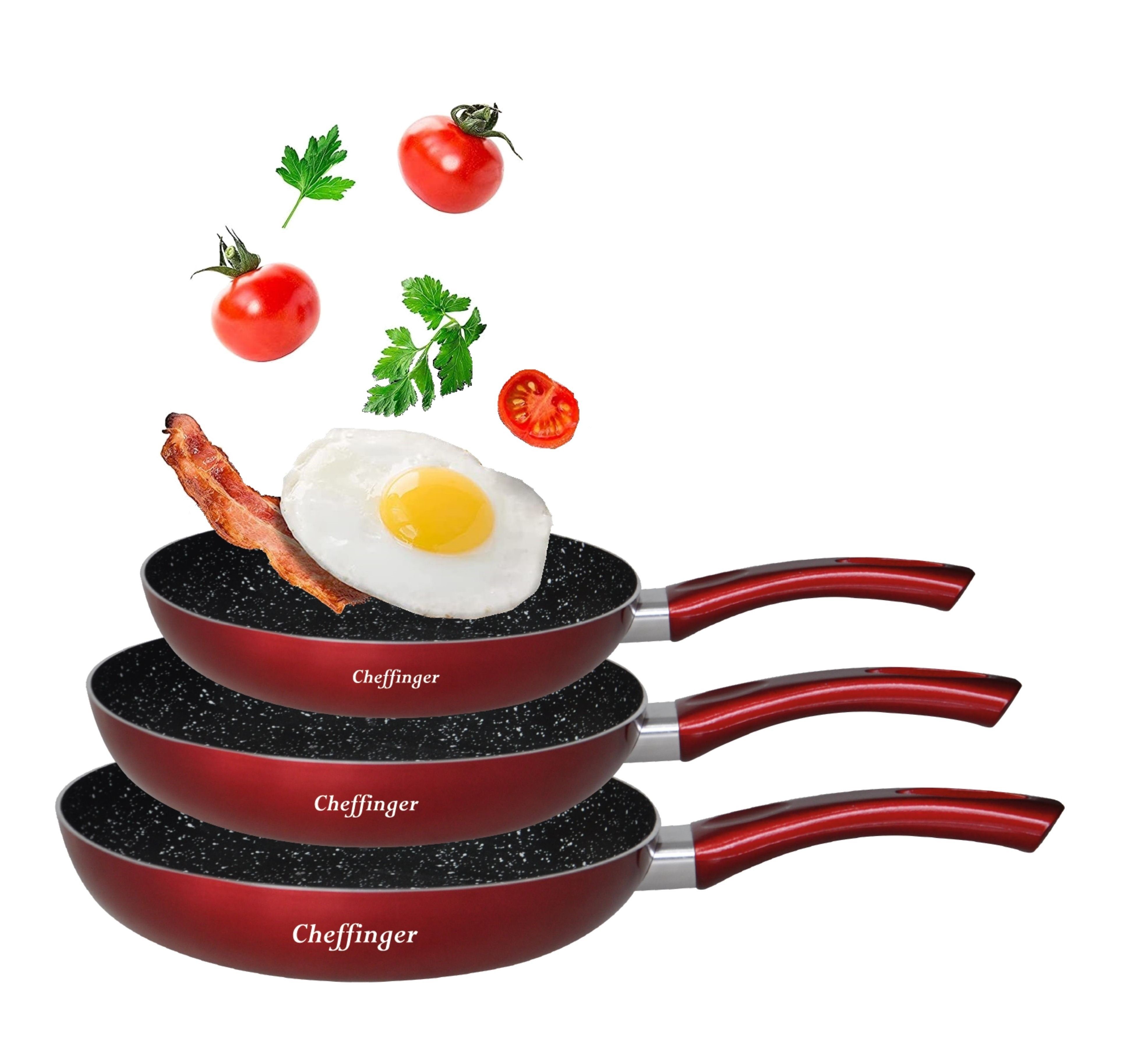 Cheffinger Pfannen-Set Pfannenset 3 tlg. Induktion Antikratz Marmor Bratpfanne Pfanne ø20-ø24-ø28cm für alle Herdarten Rot