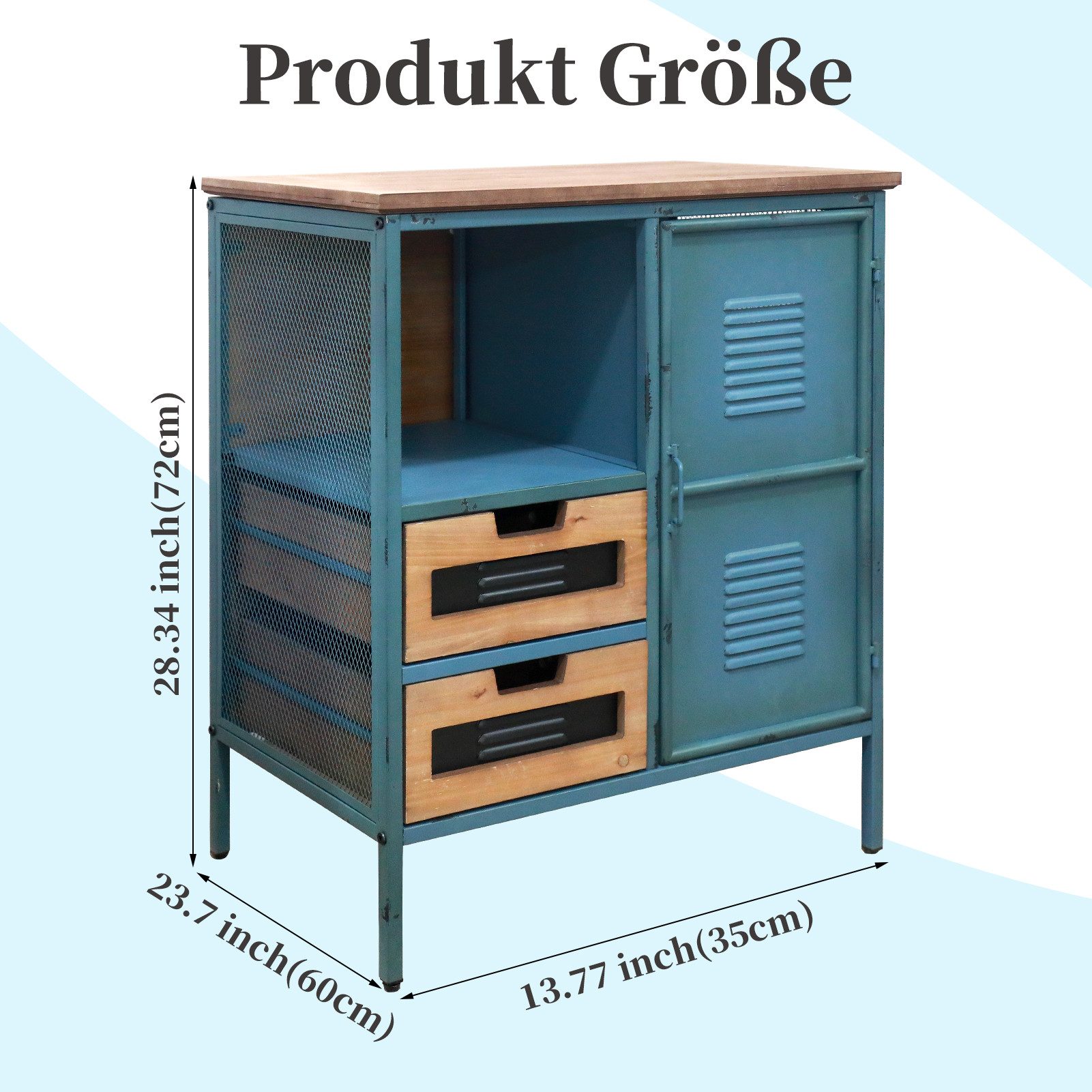G-LEAF Kommode Sideboard in Industriestil, Retro Kommode Metallschrank mit Holzplatte (1 St), mit 2 Schubladen und 1 Tür, für Wohnzimmer, Küche, Flur