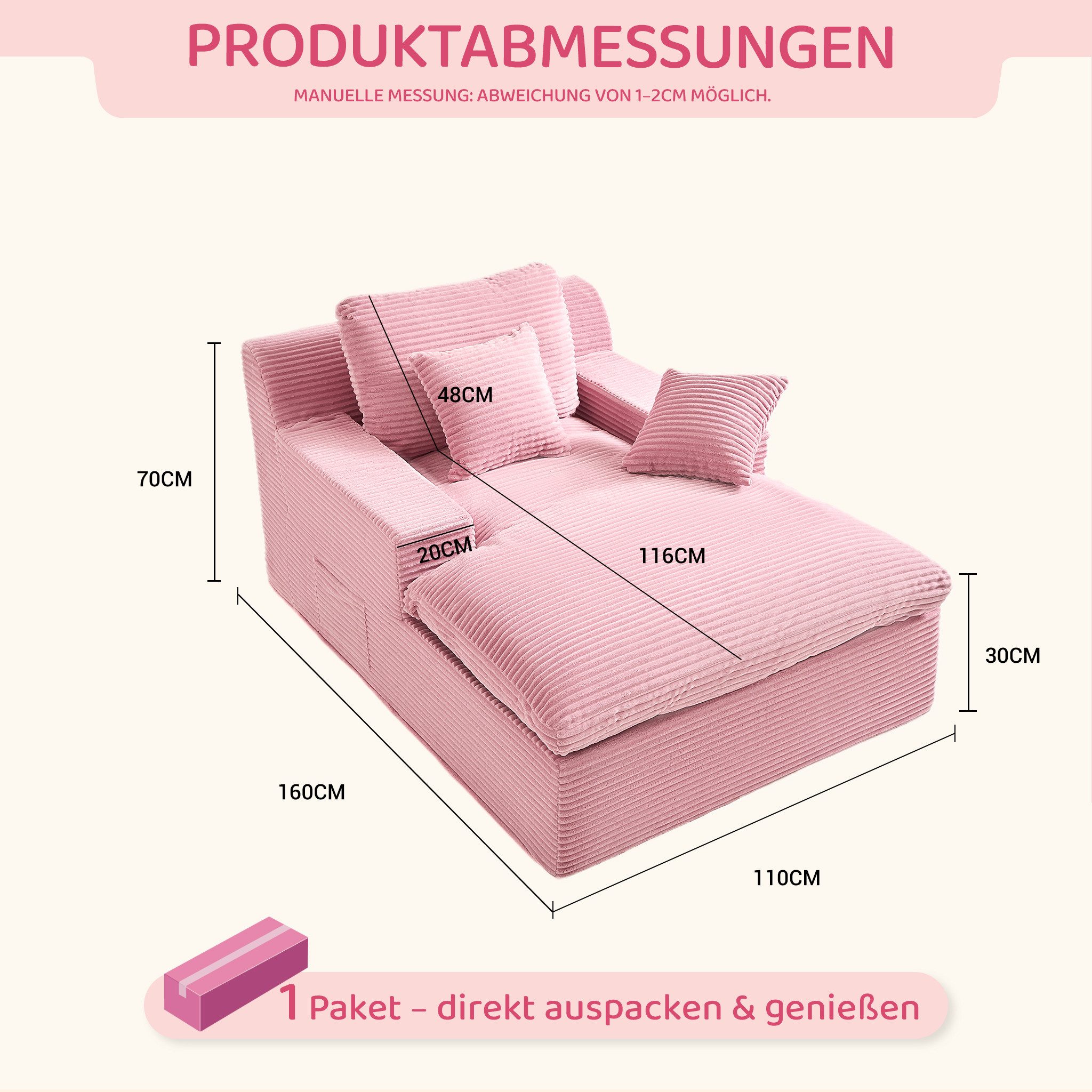 LITBIRD Chaiselongue 160 cm Loungesofa, Boneless Bodensofa & Schlafsofa mit Schlaffunktion, 1 Teile, Platzsparendes Cloud Sofa mit Armlehnen für Wohnzimmer