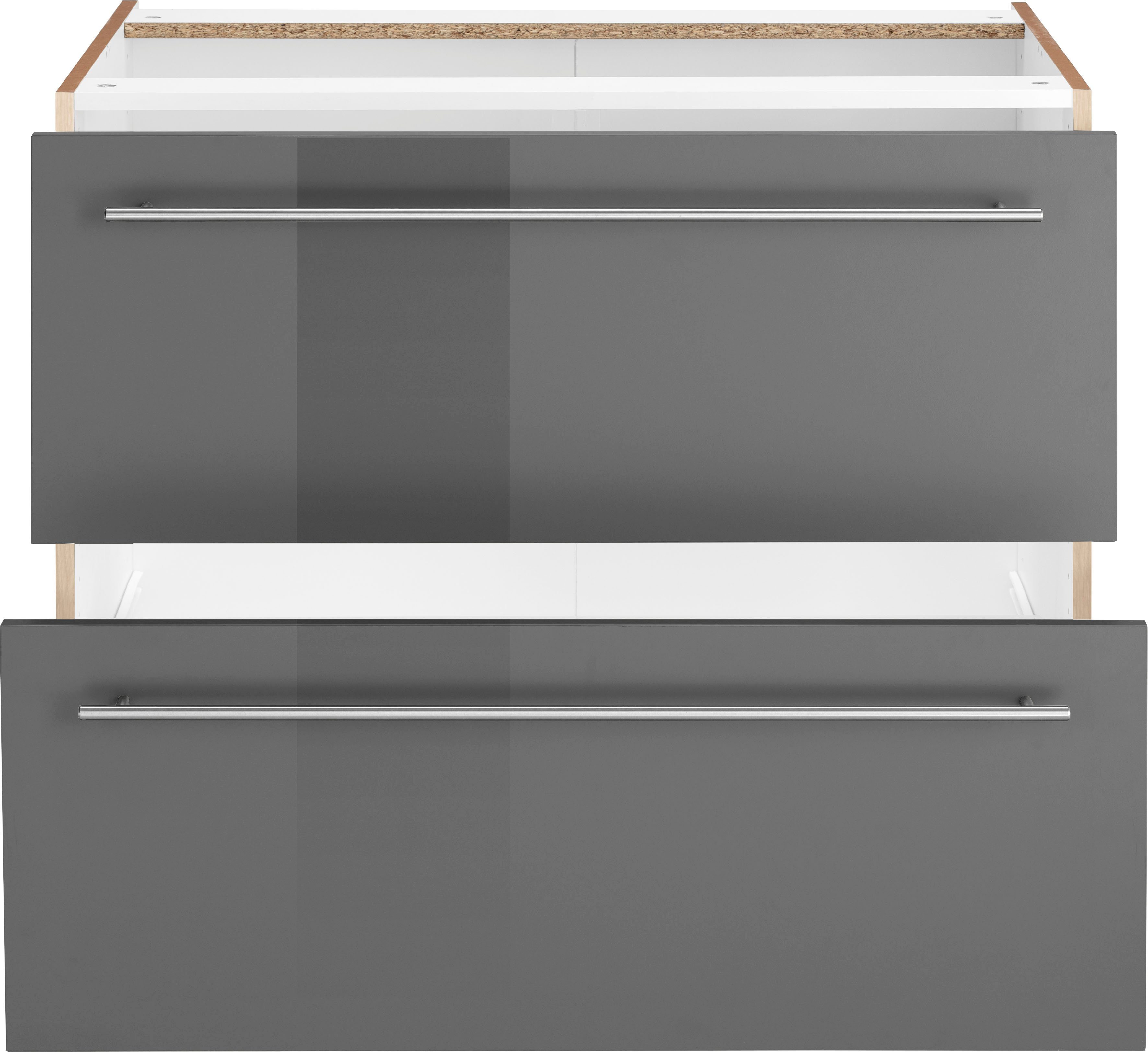 OPTIFIT Unterschrank Bern 90 cm breit, viel grau für großen mit 2 Stauraum Auszügen Hochglanz/akaziefarben