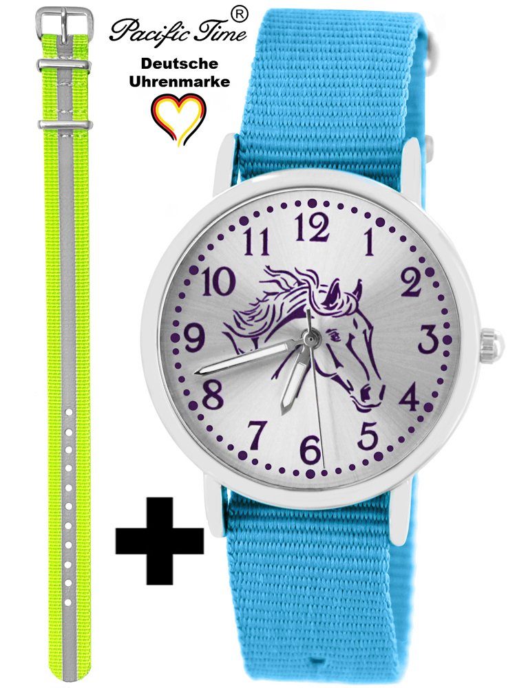 Pacific Time Quarzuhr Set Kinder Armbanduhr Pferd violett Wechselarmband, Mix und Match Design - Gratis Versand Reflektor gelb und hellblau