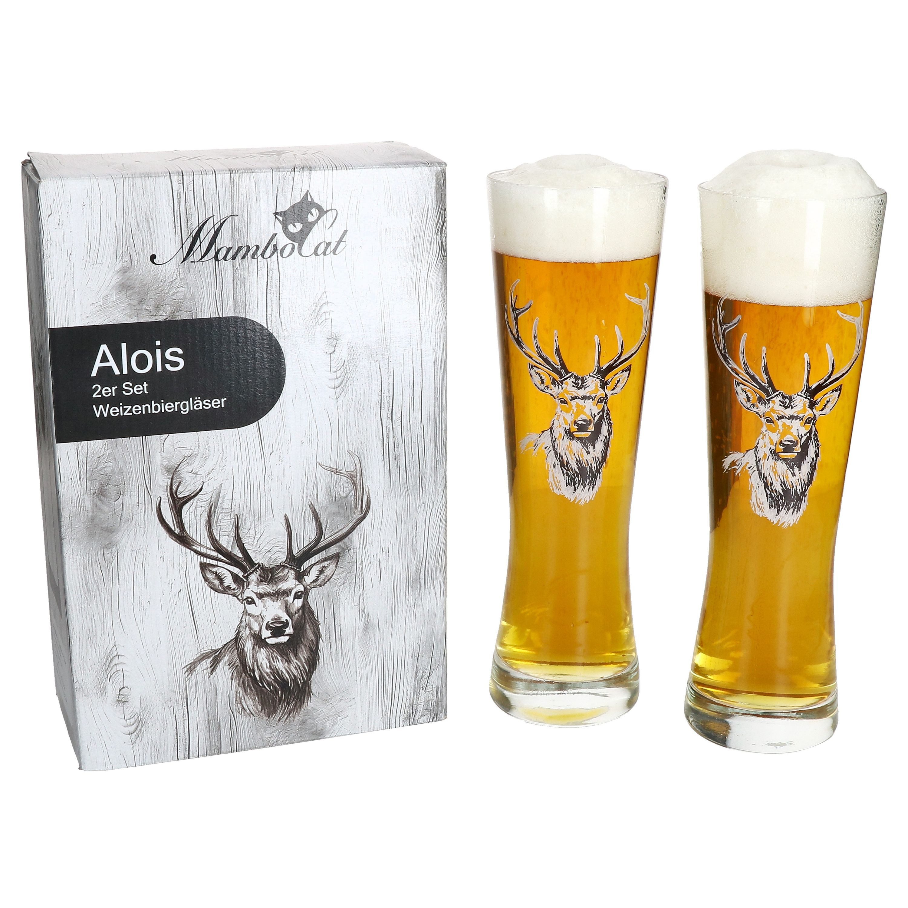 MamboCat Bierglas Alois 2er Set Weizenbierglas 0,5 L Hirschmotiv Geschenkverpackung, Glas