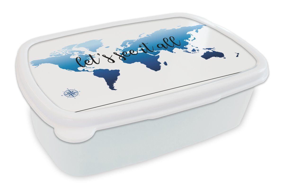 MuchoWow Lunchbox Weltkarte - Blau - Kompass, Kunststoff, (2-tlg), Brotbox für Kinder und Erwachsene, Brotdose, für Jungs und Mädchen weiß | Lunchboxen