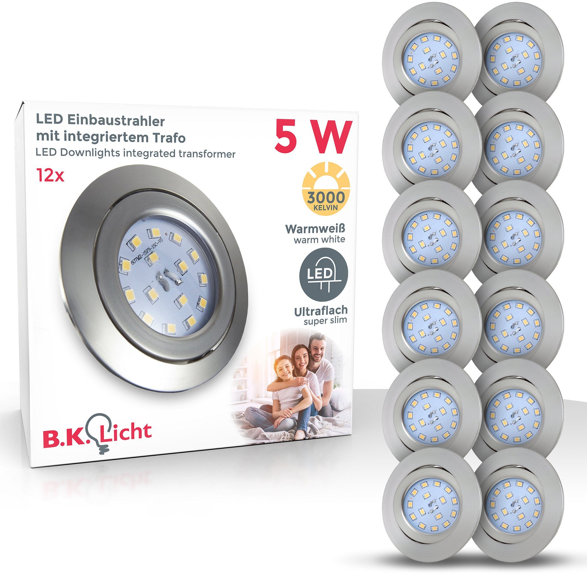 Warmweiß, 5W Einbauleuchte LED B.K.Licht Deckenbauspots matt-nickel Kiro, ultra-flach, integriert, schwenkbar, LED fest