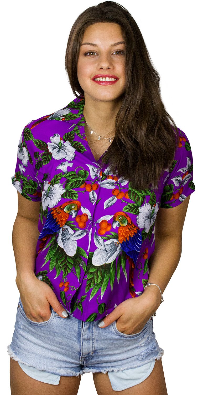 King Kameha Hawaiihemd Cherryparrot Funky Hawaiibluse Damen Kurzarm Front-Tasche Stylish