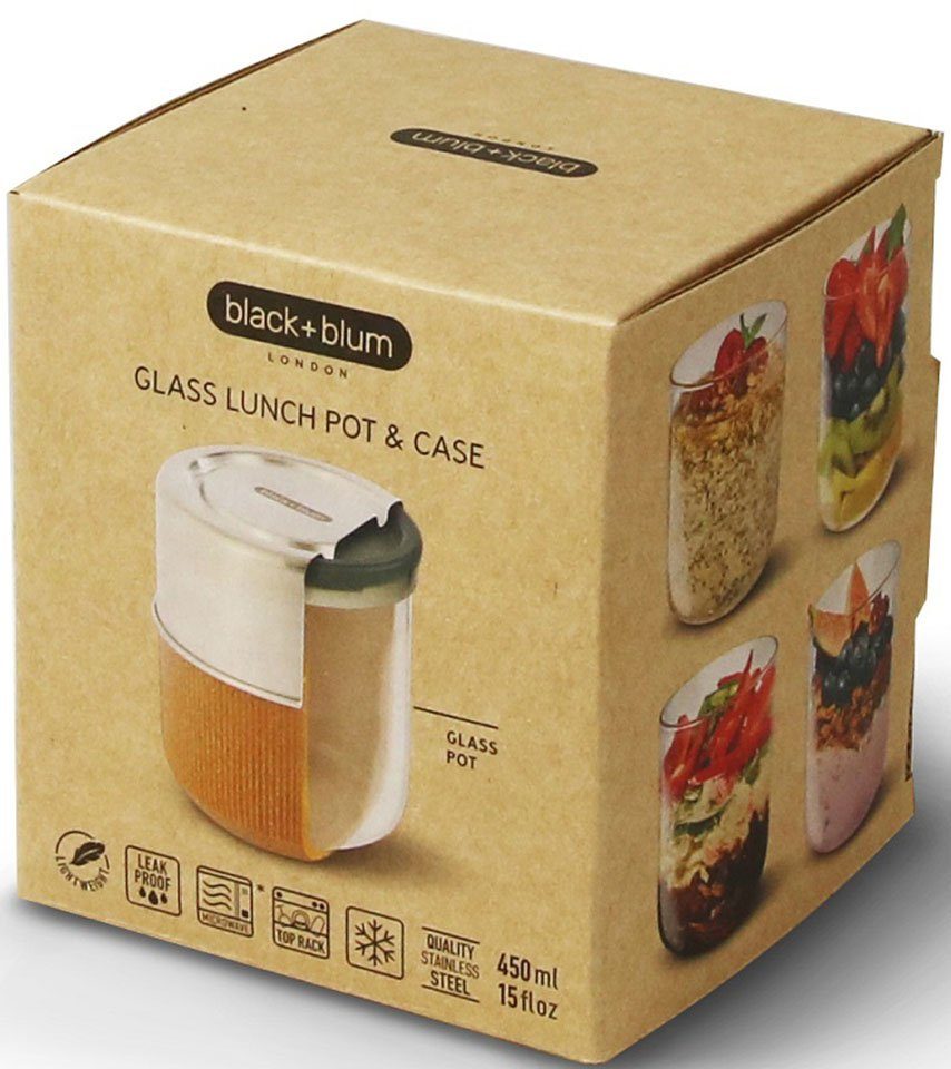 black+blum Lunchbox, Borosilikatglas, Edelstahl, (3-tlg), spülmaschinengeeignet, mit Edelstahldeckel und Silikonschutzaufleger