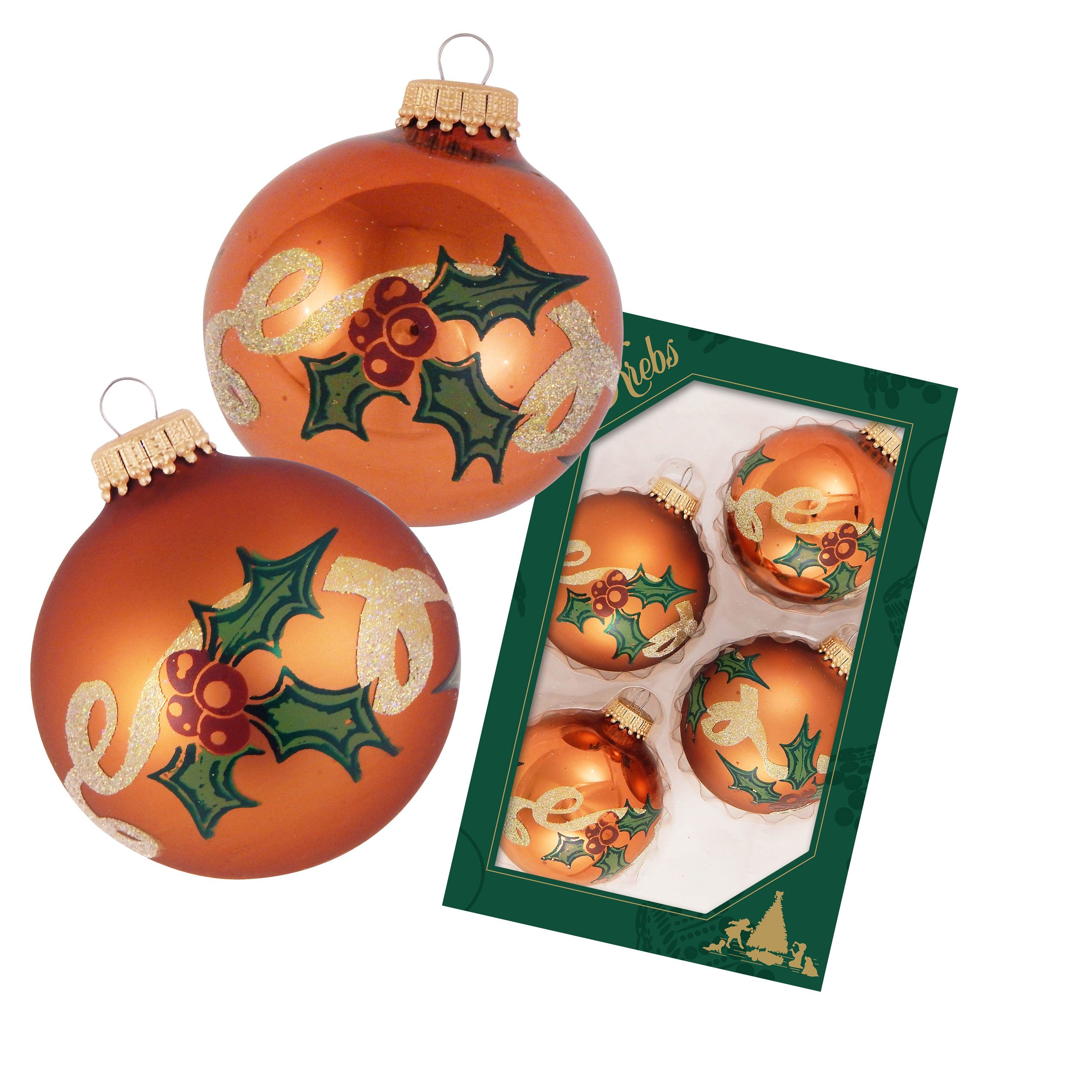 Krebs Glas Lauscha Weihnachtsbaumkugel Weihnachtskugeln Mistelzweig Kupferfarbig 7cm (4 St), Glas