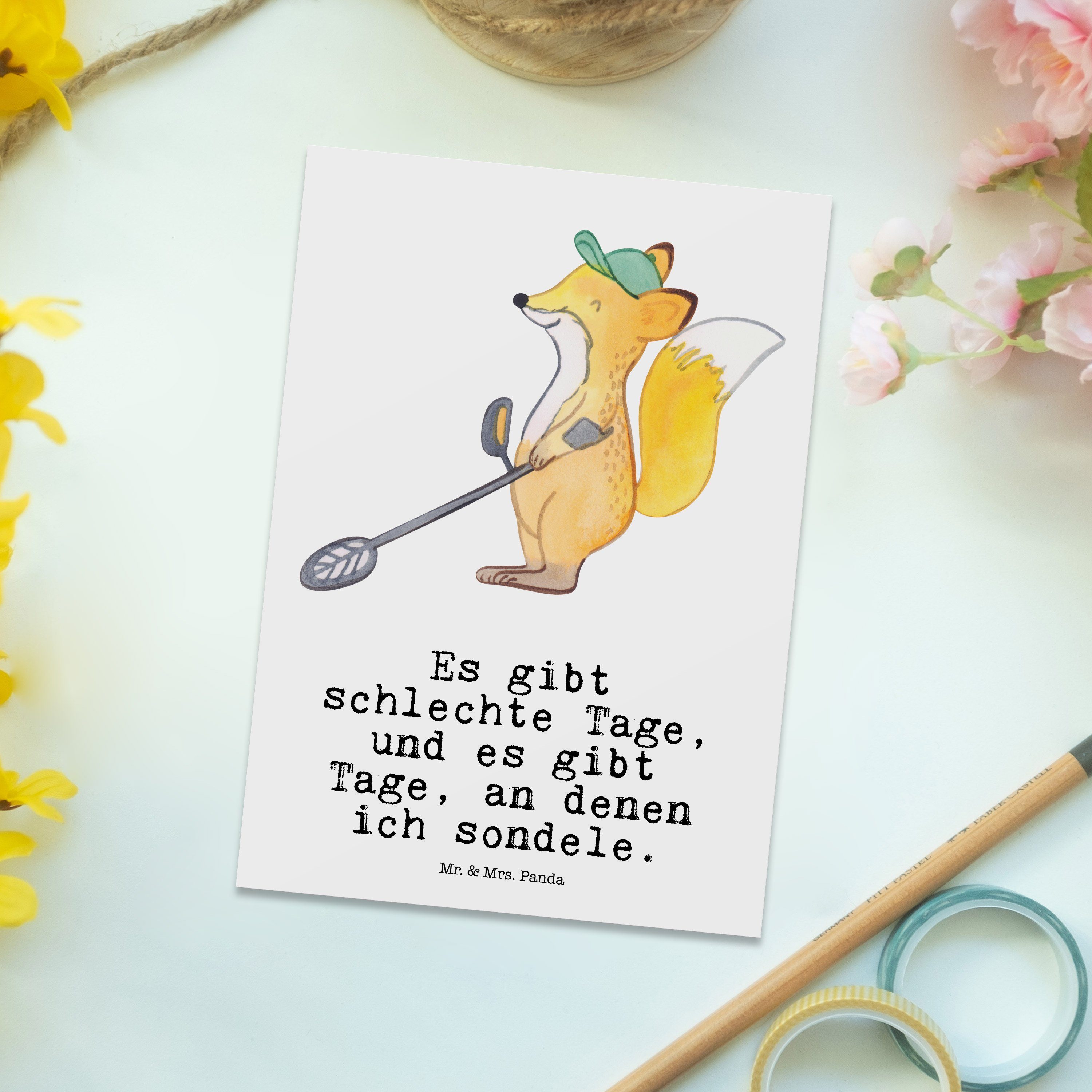 Weiß - su Postkarte Metalldetektor Mrs. Geschenkkarte, Geschenk, Münzen Panda - Fuchs & Mr. Tage