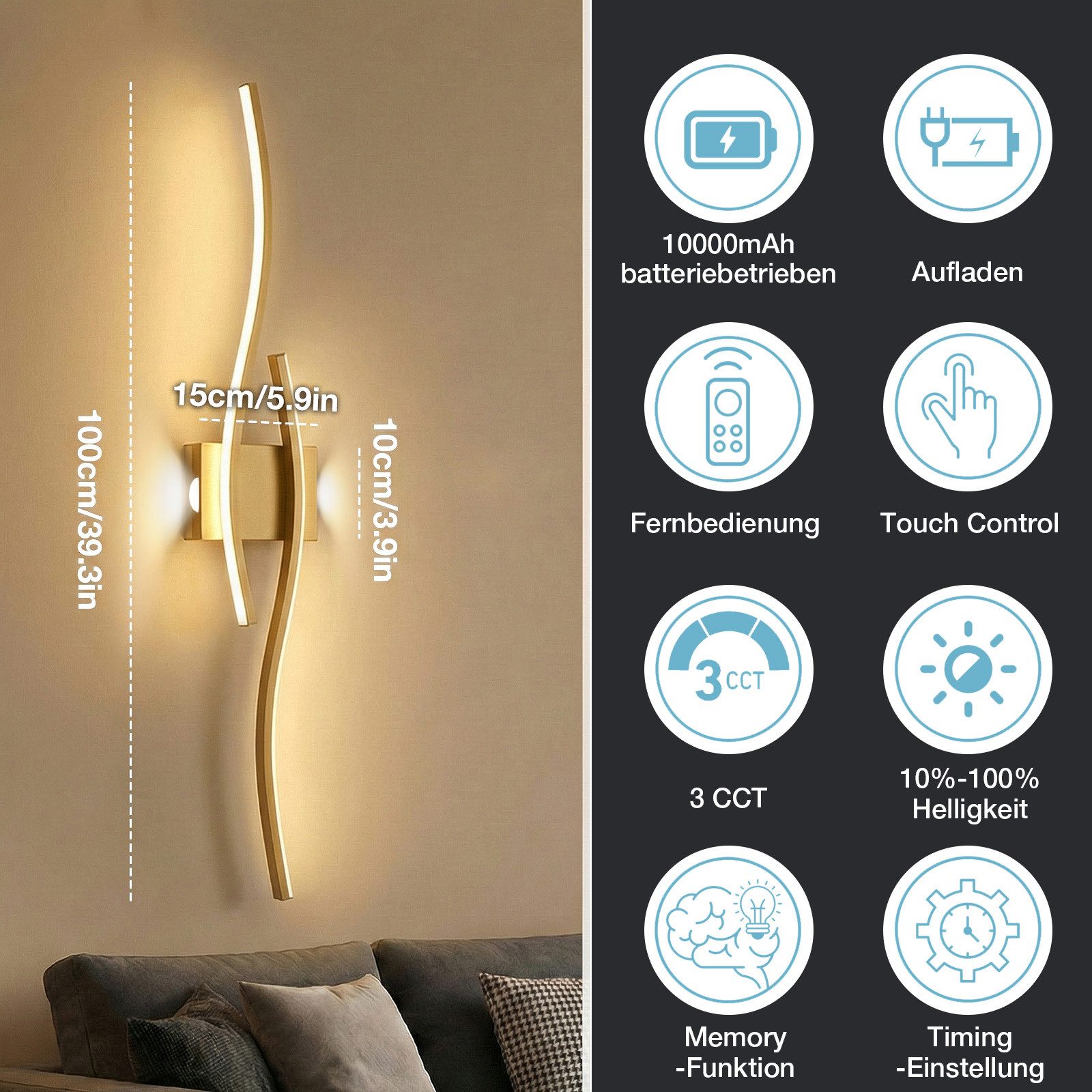 Lapalife Wandleuchte Innen Akku Wandlampe Dimmbar mit Fernbedienung, Kabellose,Timer, Wandleuchte für Wohnzimmer Schlafzimmer Flur Treppen, 100CM