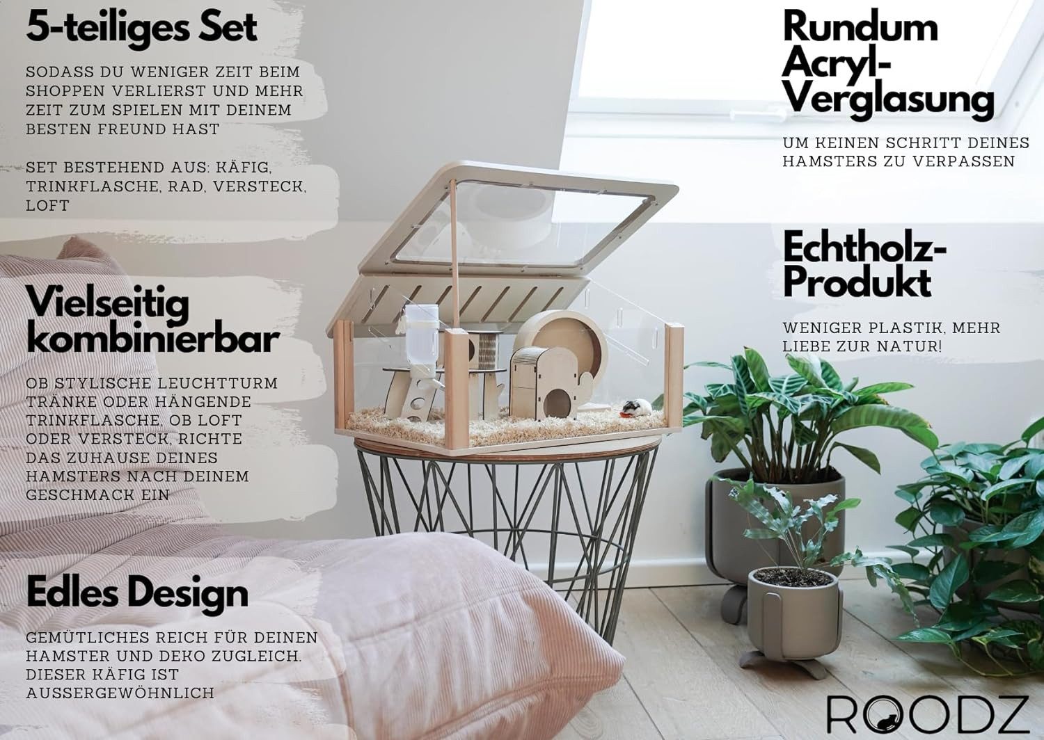 Roodz Kleintierkäfig Designer-Hamsterkäfig-Set – Holz & Acryl, inkl. Zubehör, 5-teilig