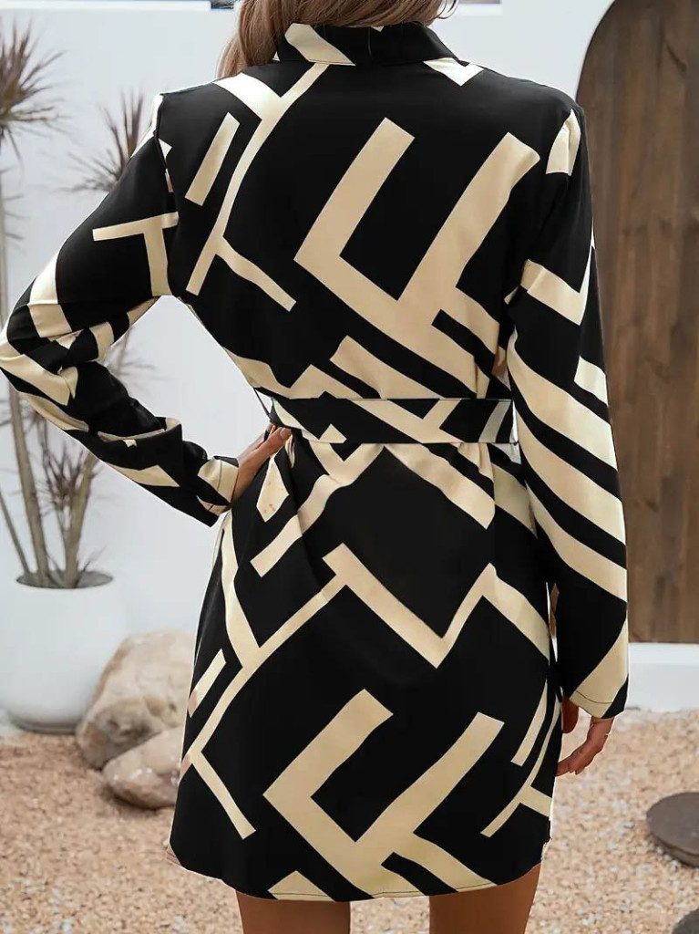 Moda Yakamoz Midikleid JANE'S Damen Langarm V-Ausschnitt Muster Taillengürtel Tauchkleid