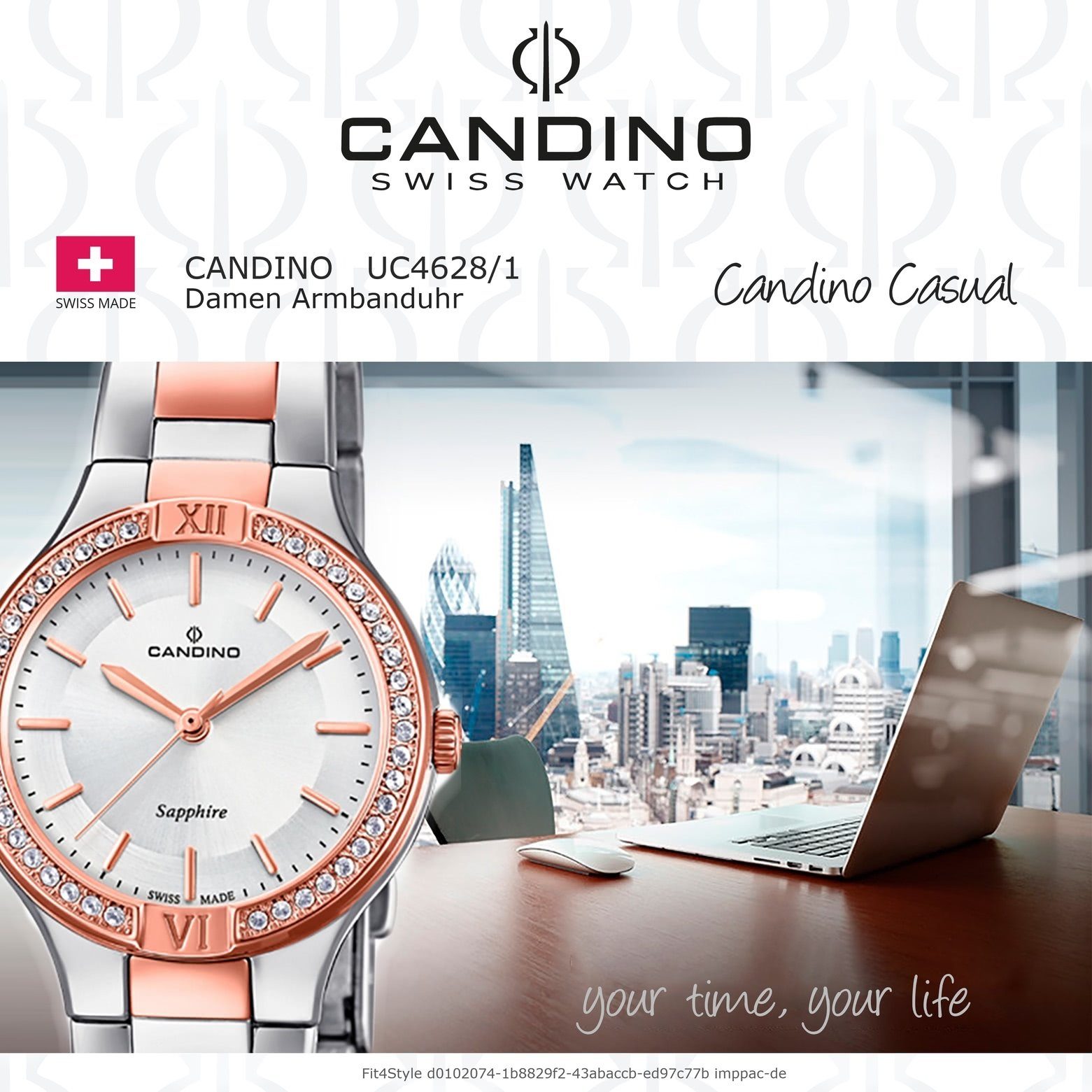 Candino Quarzuhr silber, Edelstahlarmband Armbanduhr Analog Uhr roségold, Candino Damen Fashion Damen rund, C4628/1