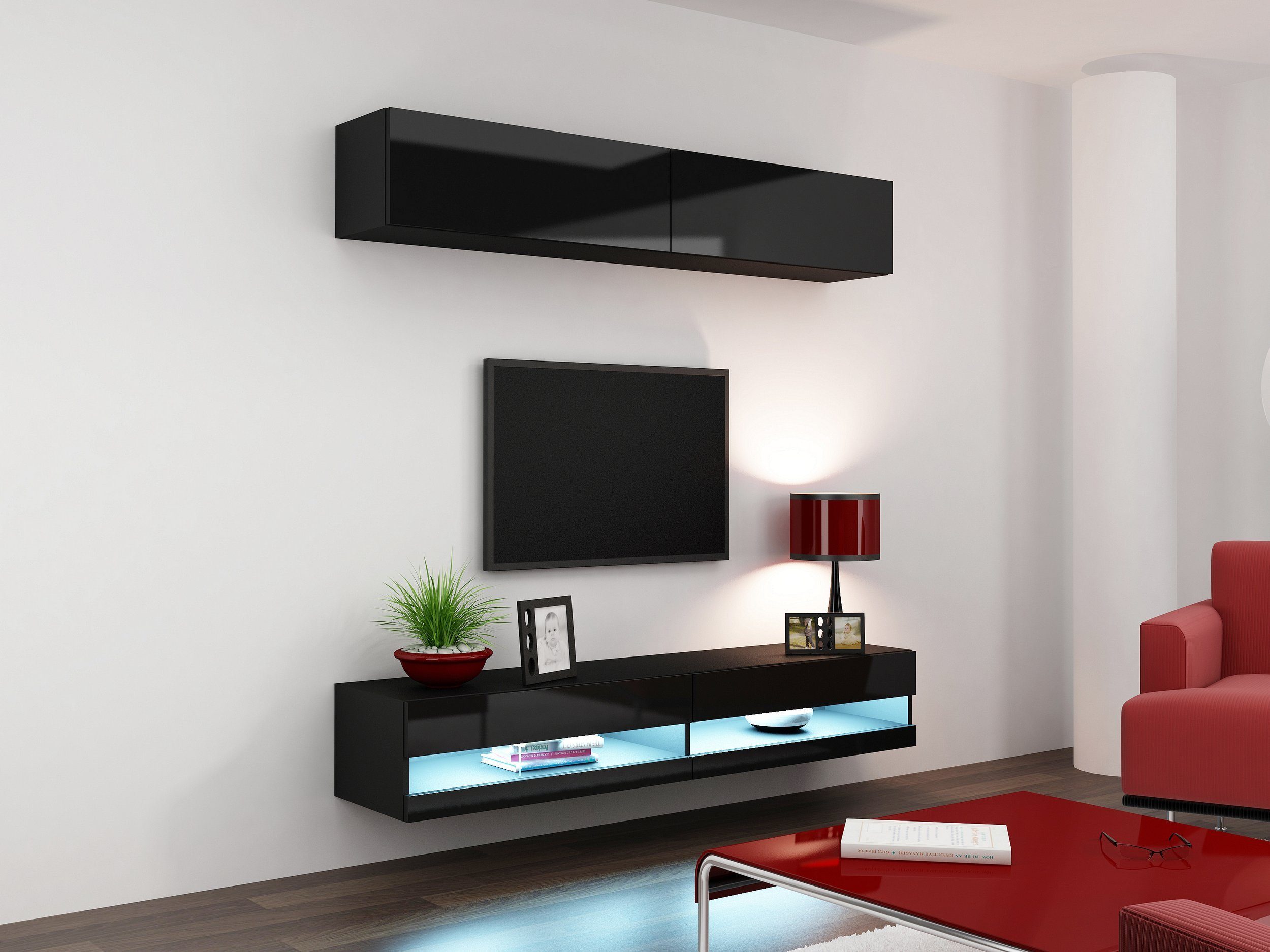 Stylefy Wohnwand Vago N (3-St), Schwarz/Schwarz 1xLowboard aus Hochglanz (Set inkl. und Wohnmöbel, bestehend 2xHängeschrank, X, Push-to-Open, Wohnzimmer-Set), Hochglanzfronten, mit LED-Beleuchtung