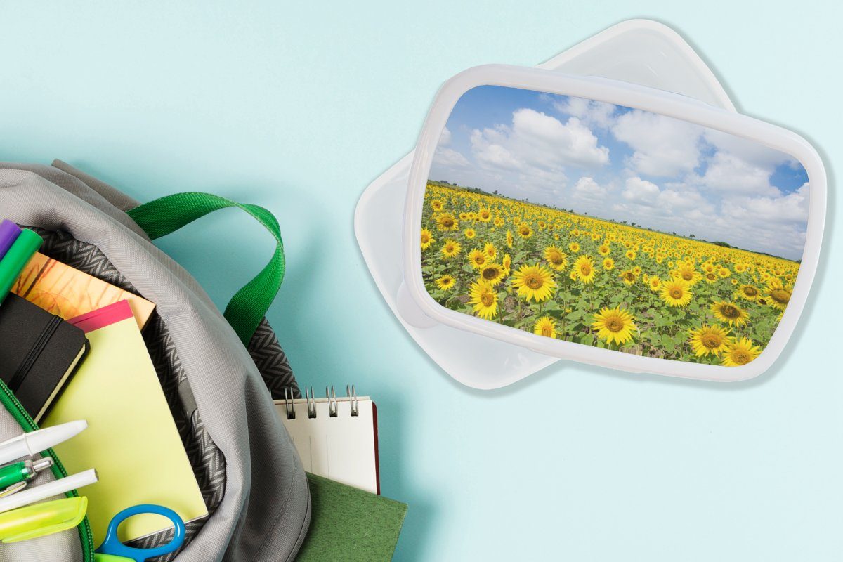 für und Gelb Erwachsene, Sonnenblumen Mädchen Landschaft, Brotbox - Brotdose, Kinder - für Lunchbox Blumen MuchoWow Wolken Kunststoff, - (2-tlg), Jungs - weiß und - Natur