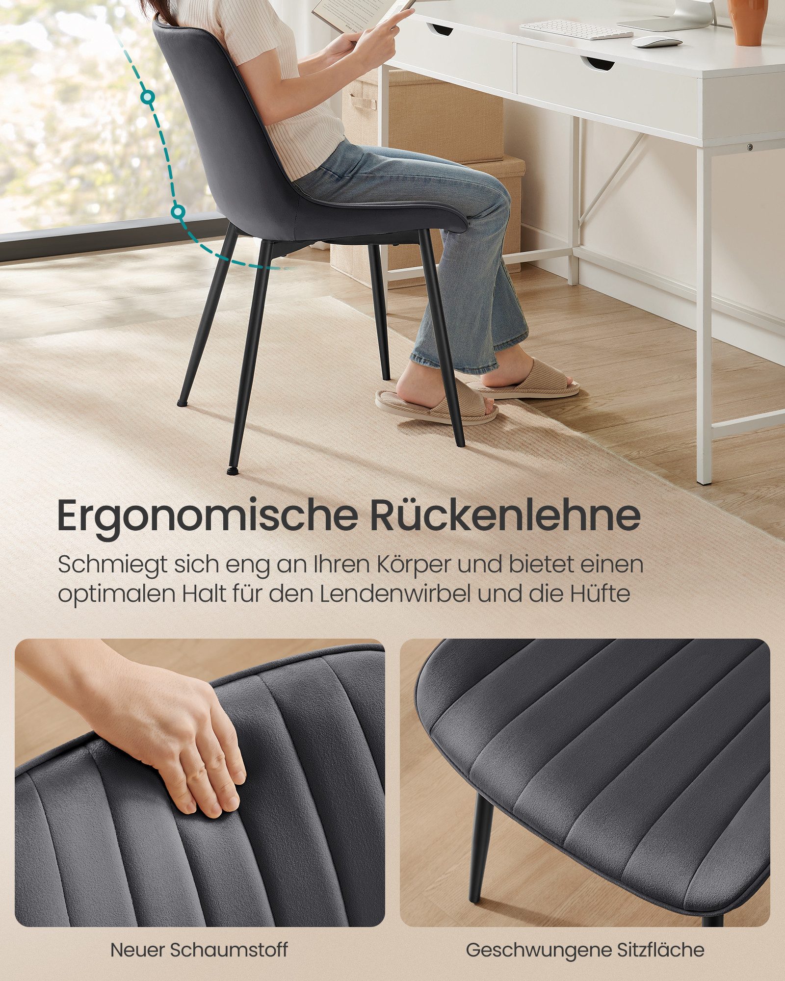 SONGMICS Esszimmerstuhl Küchenstuhl aus Samt, Polsterstuhl mit Armlehnen, Loungesessel (2 St), bis 120 kg belastbar, für Esszimmer, Küche, Stahlbeine, Polsterst – Bild 5 von 5