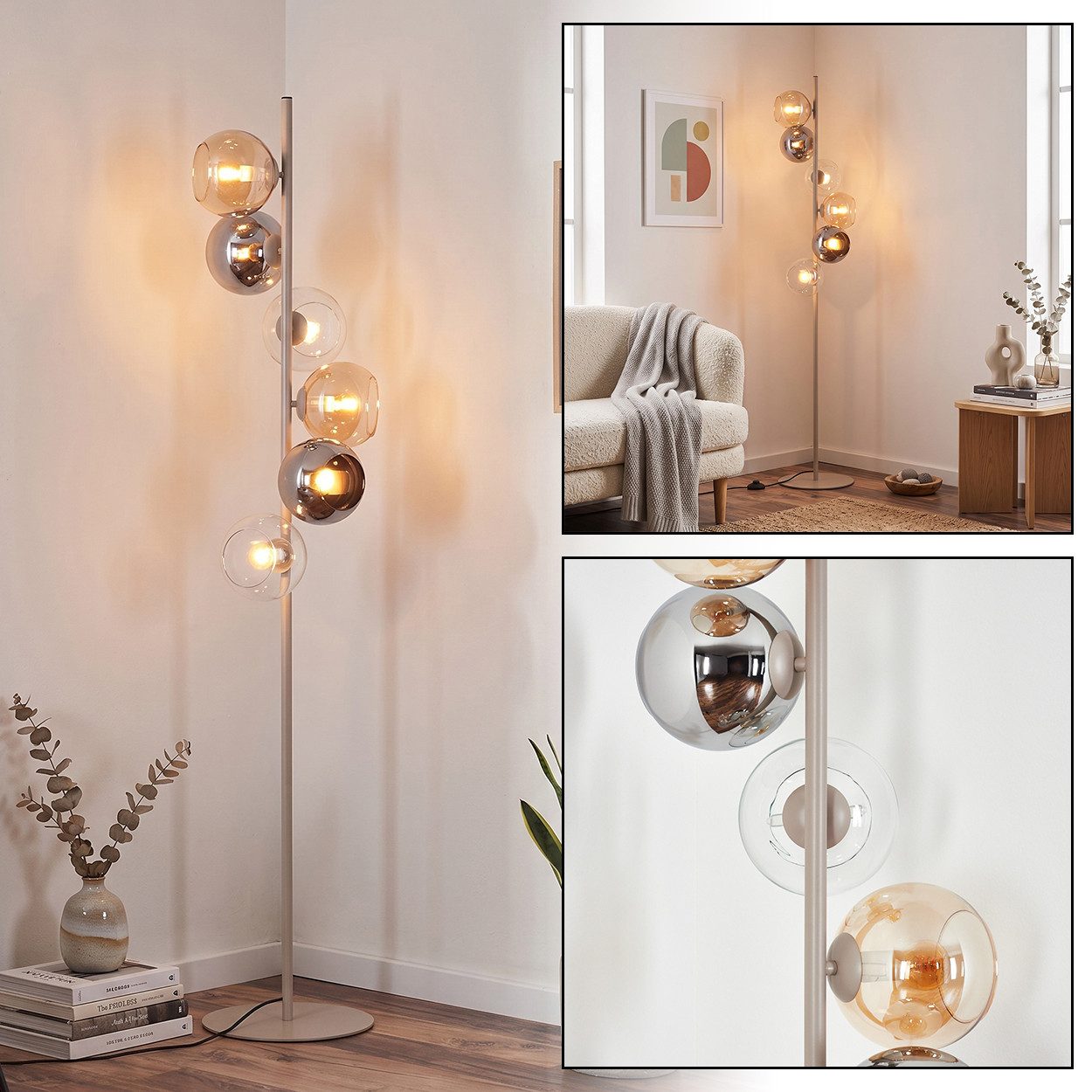 hofstein Stehlampe Stehlampe aus Metall/Glas in Sand/Weiß/Bernstein/Chrom/Rauch/Klar, moderne Stehleuchte im Retro/Vintage-Design, Fußschalter, 6 x E14