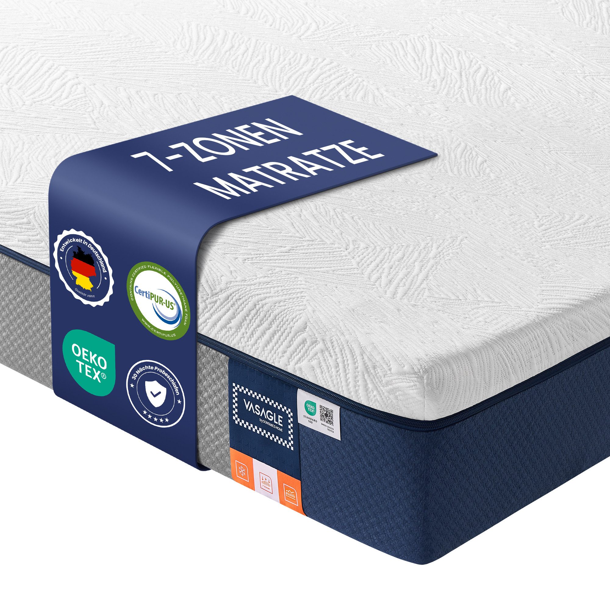 Kaltschaummatratze Gel-Memory-Schaumstoff, VASAGLE, 20 cm hoch, mittelfest, H3, 7-Zonen-Unterstützung, atmungsaktiv, Abnehmbarer