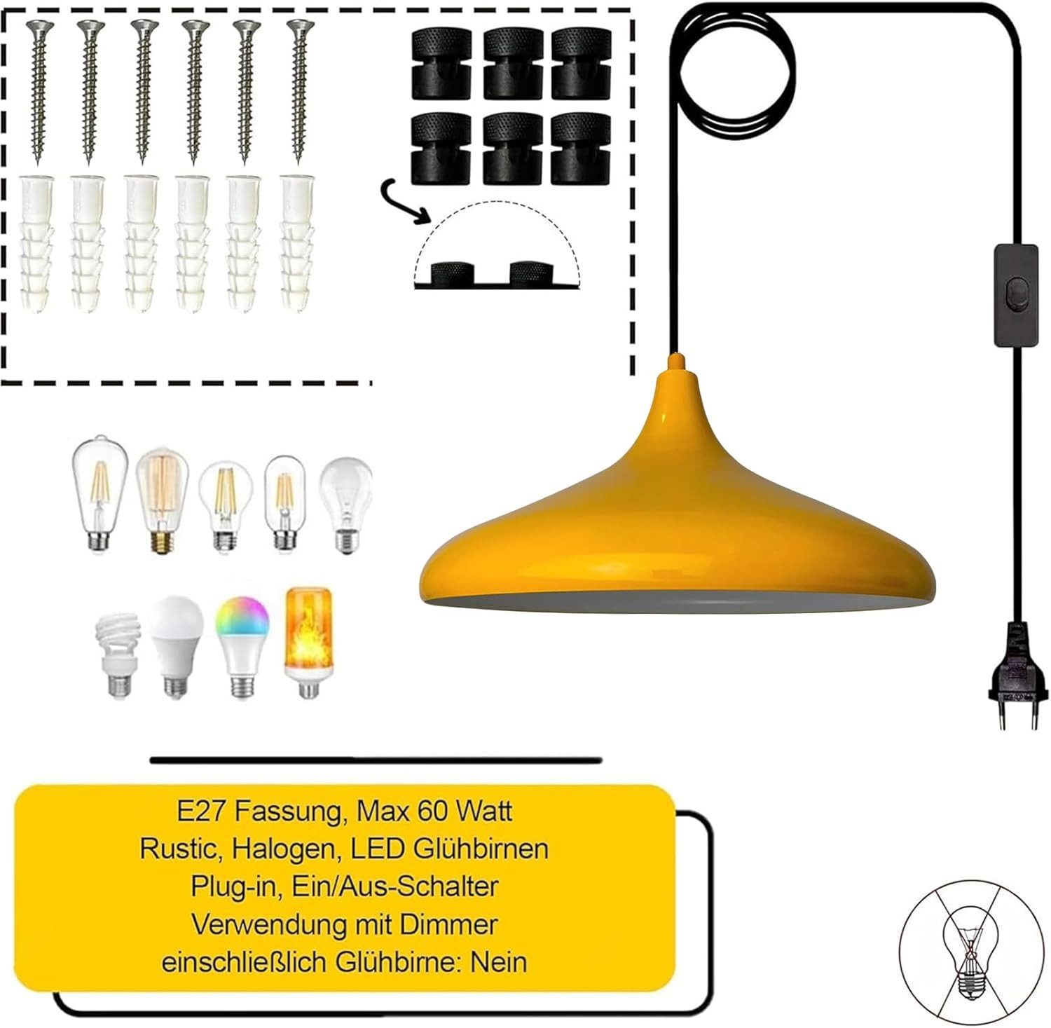 Bamyum Pendelleuchte Champion Pendelleuchte mit Stecker 35 cm, Metall mit 450 cm Kabel, ohne Leuchtmittel – Bild 4 von 5