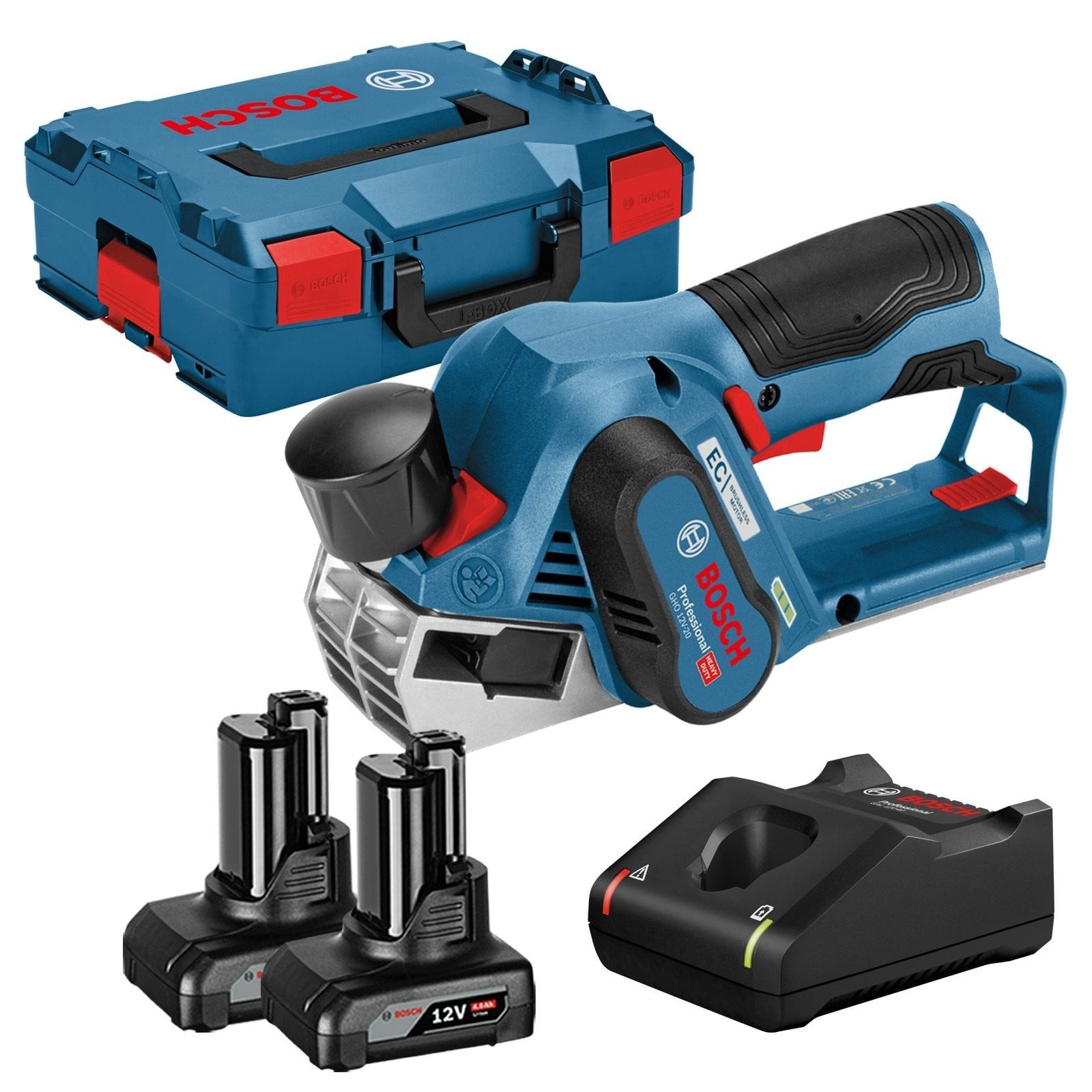 BOSCH Akku-Elektrohobel Bosch Akku-Hobel GHO 12V-20 12 V / 2x 4,0 Ah Akku + Ladegerät in L-Box