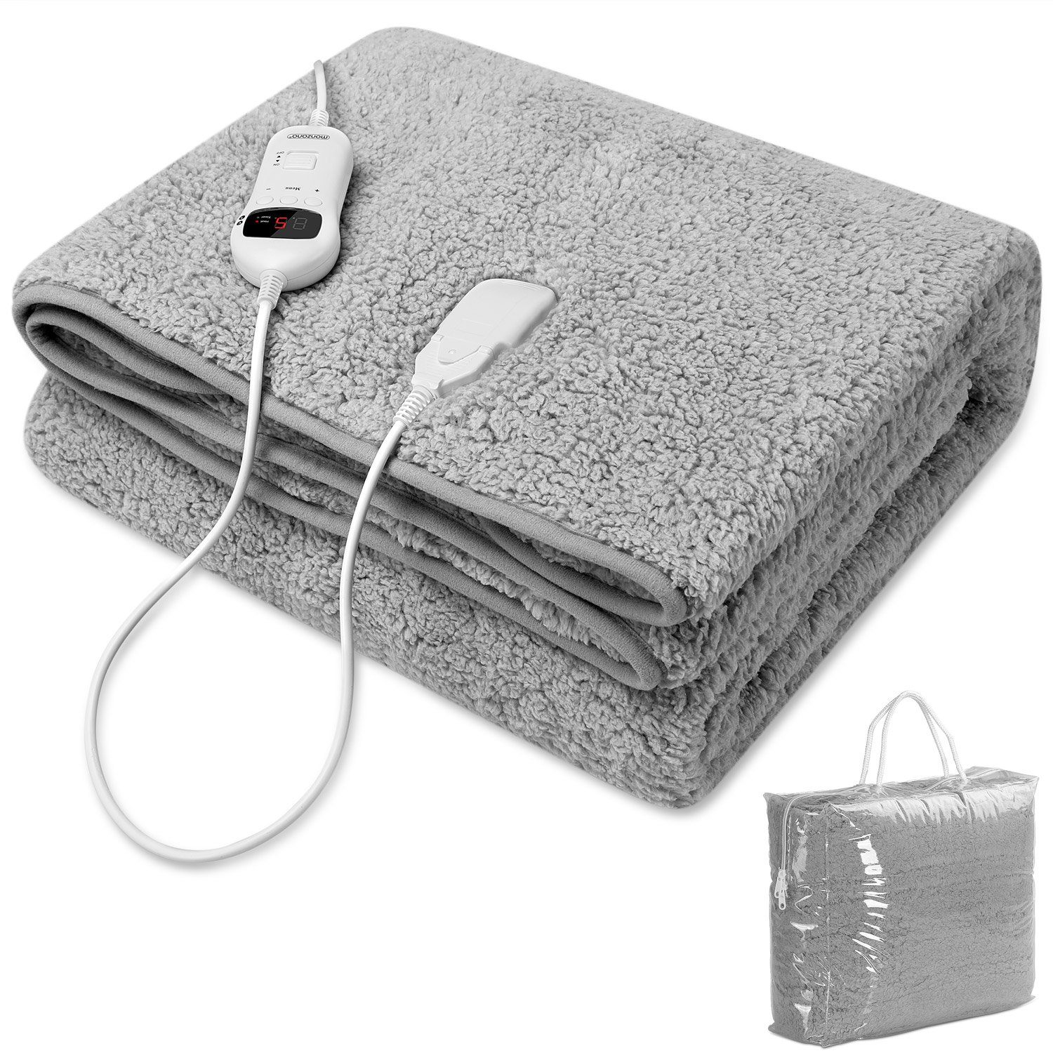 monzana Heizdecke, Wärmeunterbett 180x130 cm grau 120W 10 Stufen Teddy Fleece