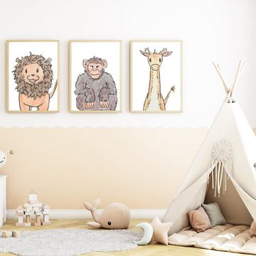 Tigerlino Poster Safari Tiere 3er Set Kinderzimmer Bilder Dekoration Löwe Affe Giraffe