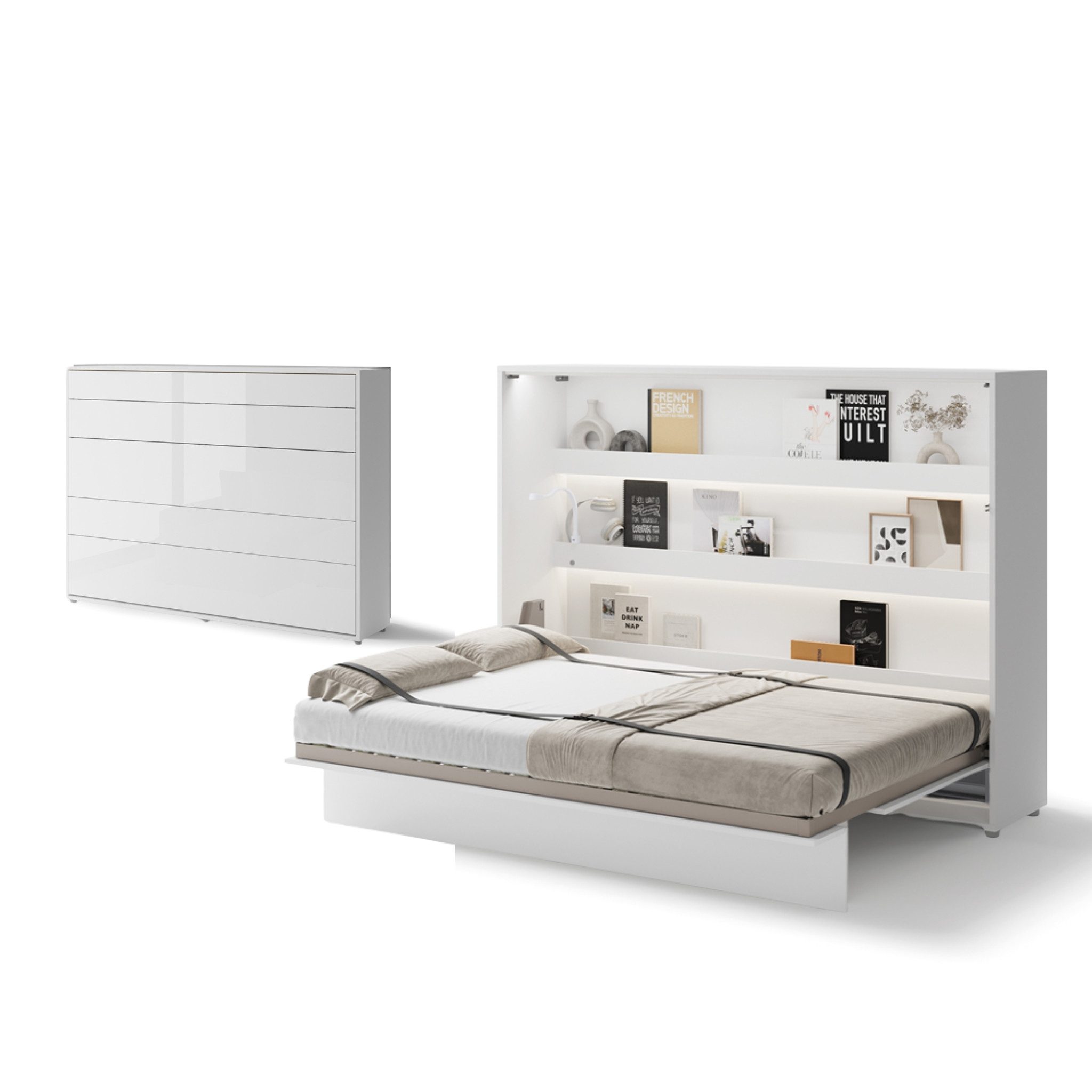 Friderik-EU Schrankbett Horizontal Wandklappbett Lenart Bed Concept - inklusive Trageservice (mit LED) Horizontal Wandklappbett mit pneumatischer Hebehilfe, Soft-Close