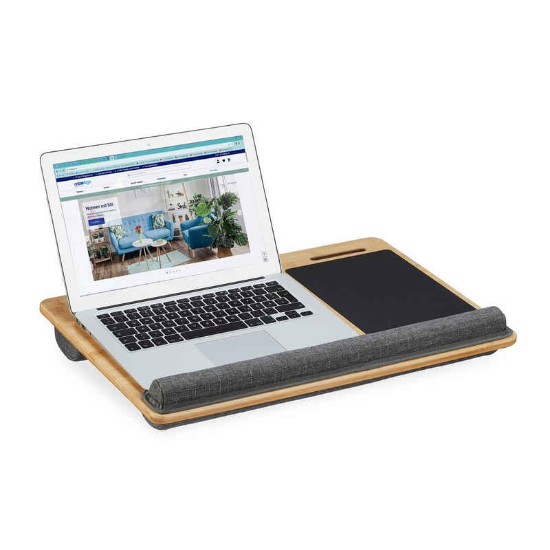 relaxdays Laptop Tablett Laptopkissen mit 2 Halterungen, Bambus