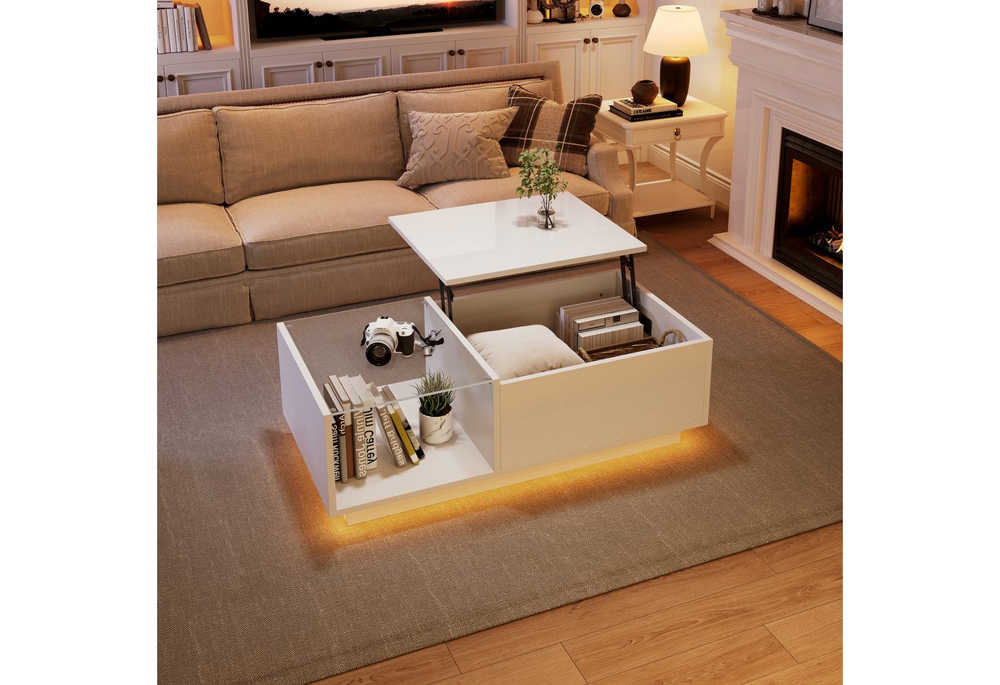 KLAM HOME Couchtisch Höhenverstellbarer Hochglanz-LED-Couchtisch Weiß 100×50 cm (LED Wohnzimmertisch mit verstecktem Stauraum & offener Ablage), Kaffeetisch mit App-gesteuerter RGB-LED & Gasdruckfeder