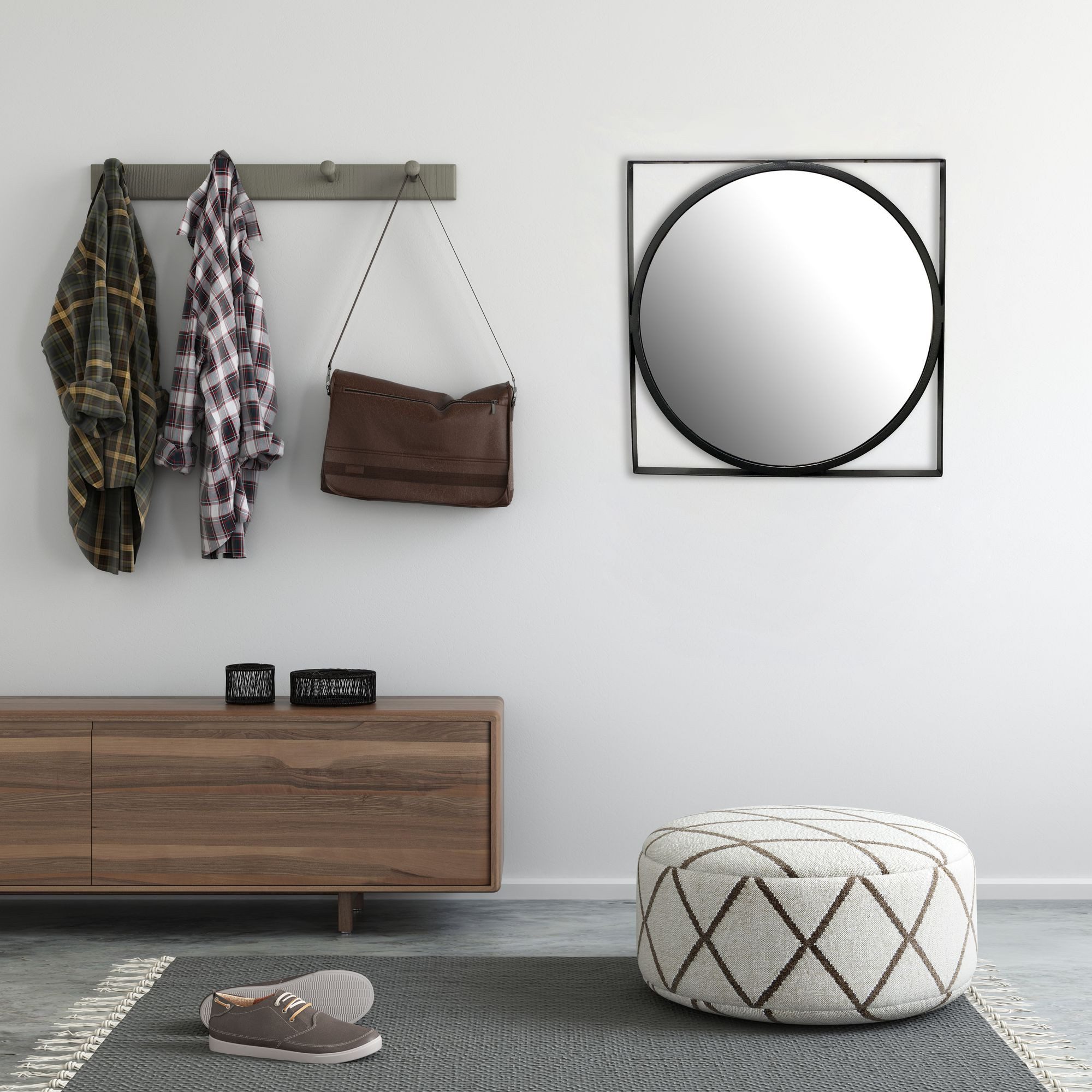 KADIMA DESIGN Spiegel Wandspiegel 54x54 cm Metall Design Hängespiegel Schwarz, Eisen (Flurspiegel Garderobenspiegel Modern), Dekospiegel Rund mit quadratischem Rahmen, Spiegel Wand Klein